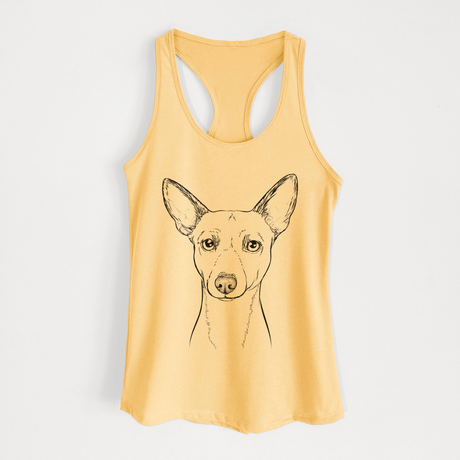 Hand-drawn sketch of Perry the Portuguese Podengo on a Banana Cream Women's racerback tanktop