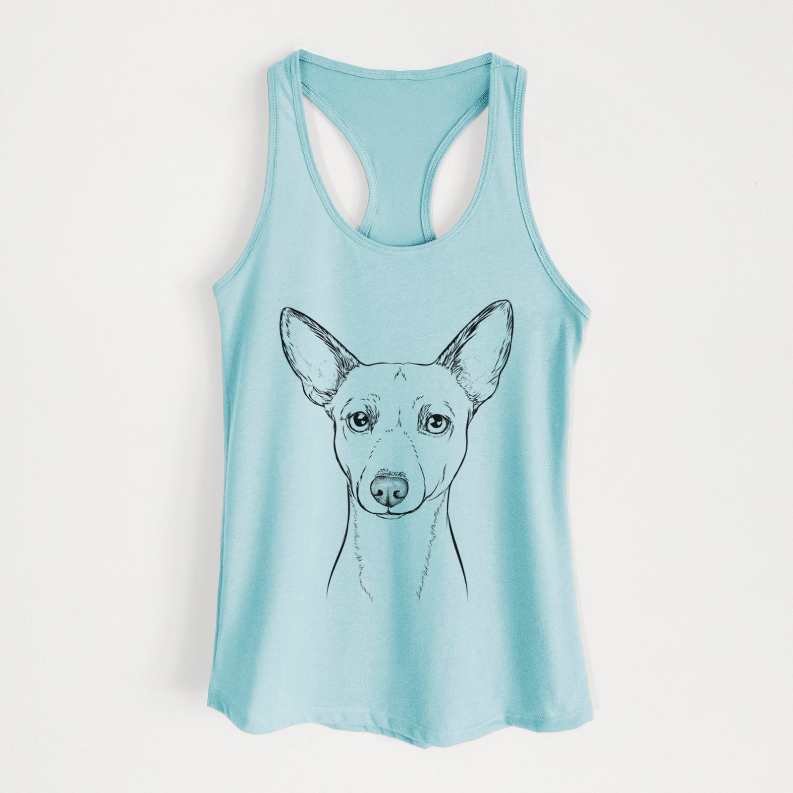 Hand-drawn sketch of Perry the Portuguese Podengo on a Cancun Blue Women's racerback tanktop