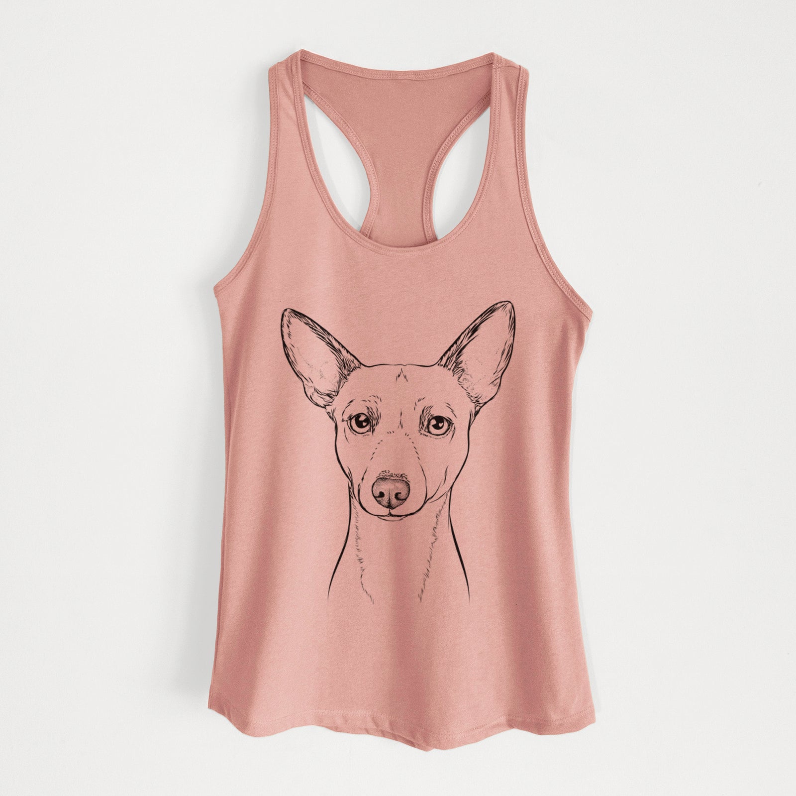 Hand-drawn sketch of Perry the Portuguese Podengo on a Desert Pink Women's racerback tanktop