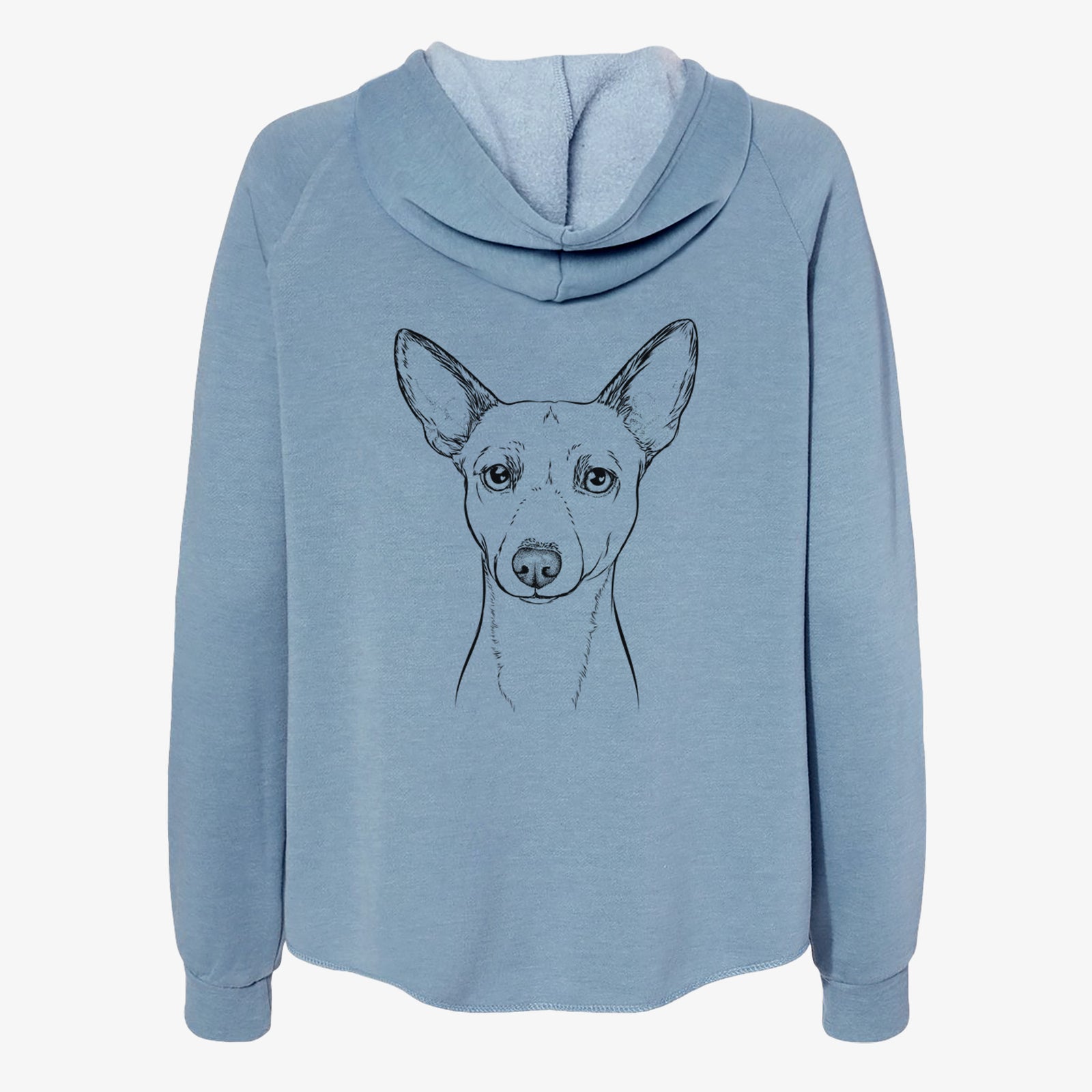 Hand-drawn sketch of Perry the Portuguese Podengo on a Misty Blue Women's cali wave zip-up sweatshirt