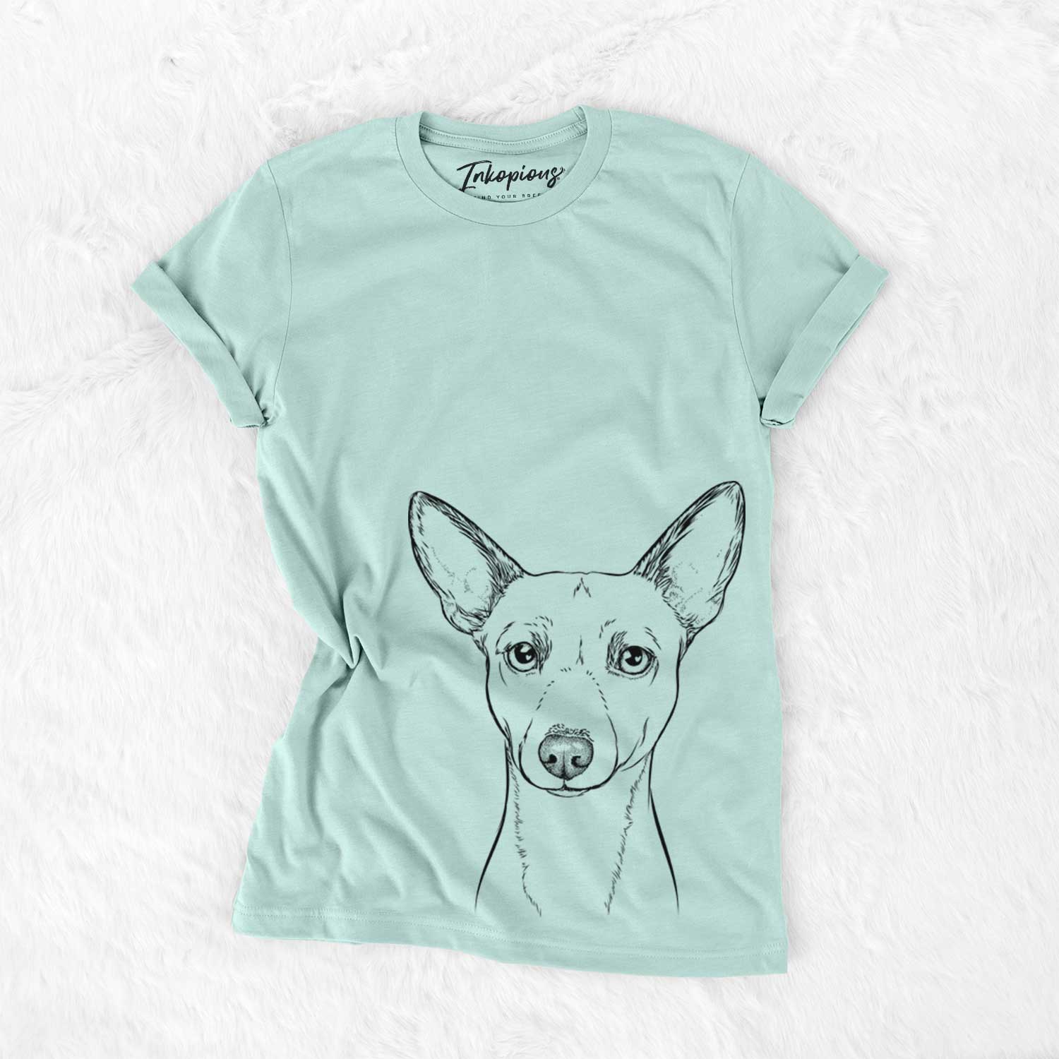 Hand-drawn sketch of Perry the Portuguese Podengo on a Heather Sage Unisex crewneck