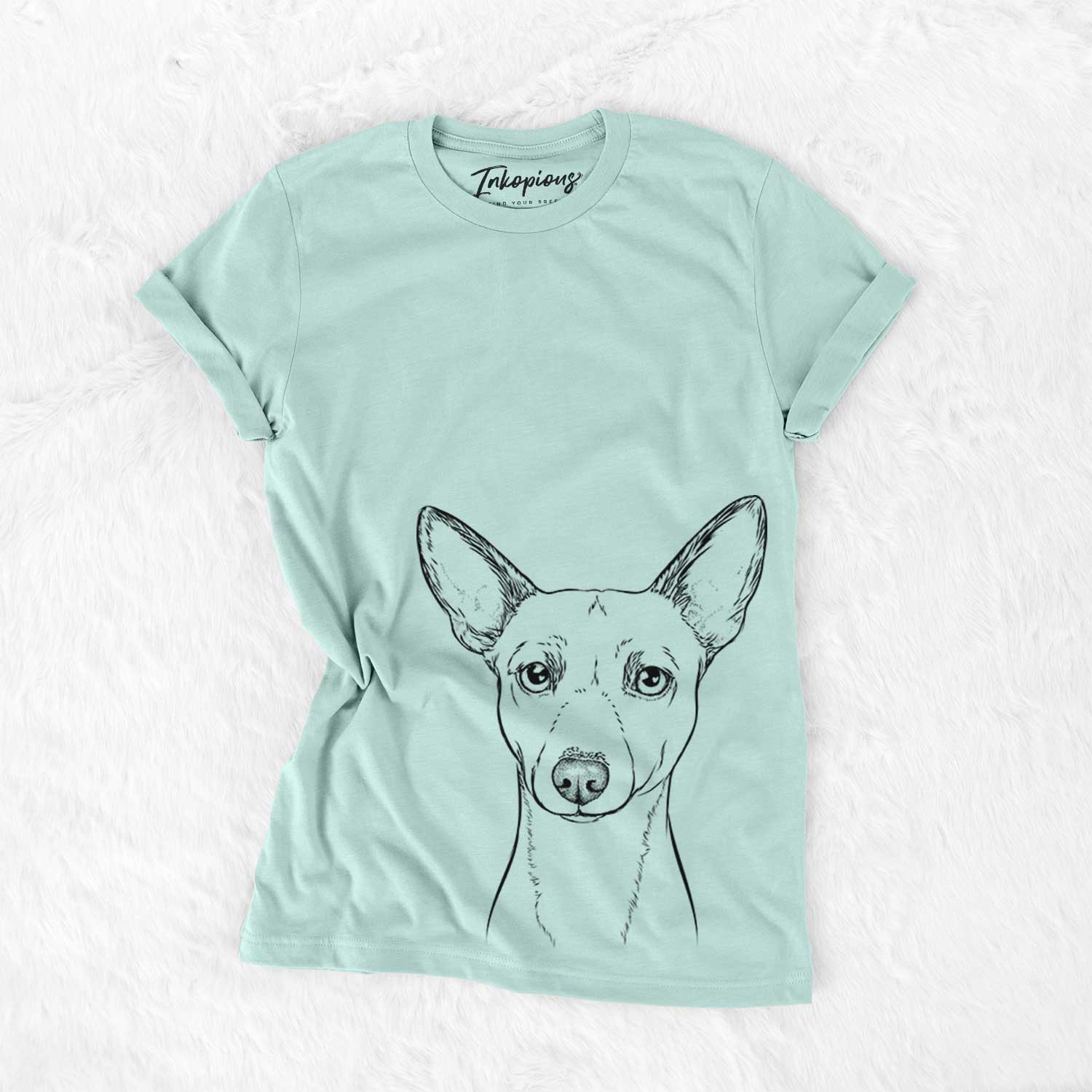 Hand-drawn sketch of Perry the Portuguese Podengo on a Heather Sage Bella Canvas Unisex Crewneck