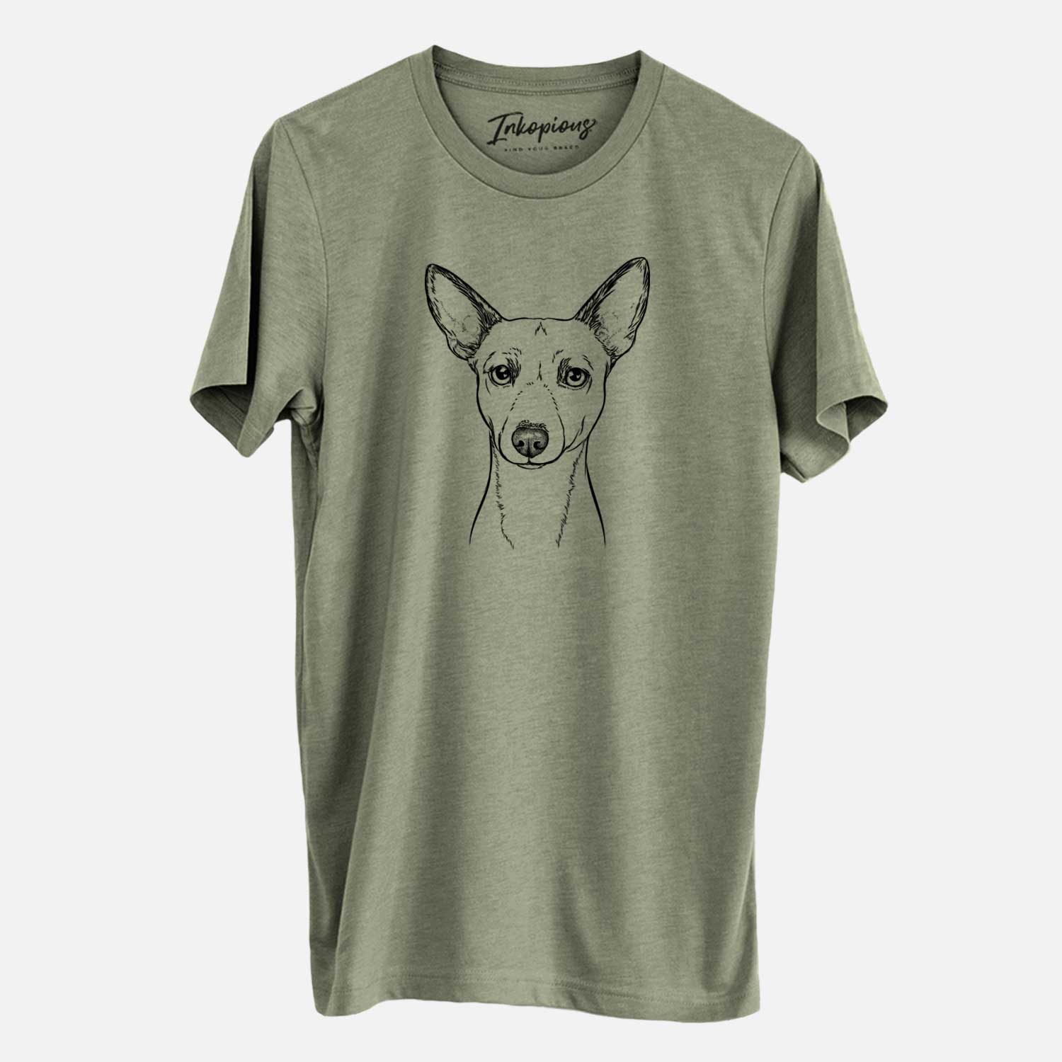 Hand-drawn sketch of Perry the Portuguese Podengo on an Olive Unisex crewneck