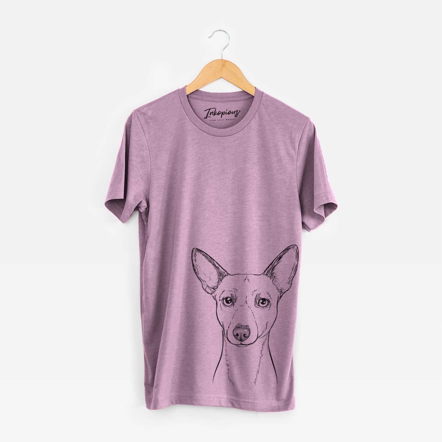 Hand-drawn sketch of Perry the Portuguese Podengo on an Orchid Unisex crewneck