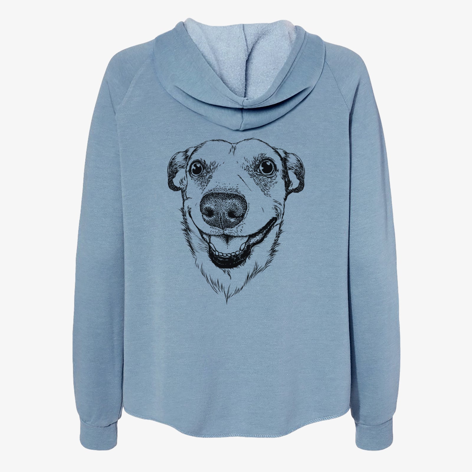 Hand-drawn sketch of Petrah the Staffy Mix on a Misty Blue Women's cali wave zip-up sweatshirt