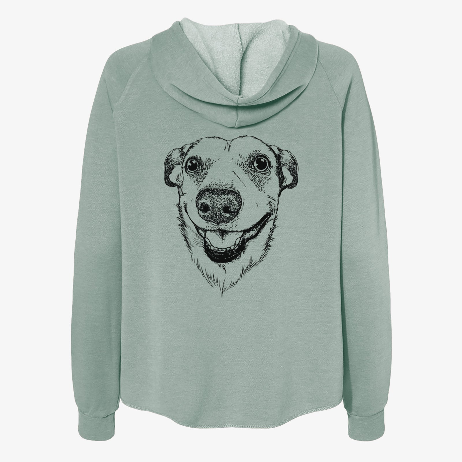 Hand-drawn sketch of Petrah the Staffy Mix on a Sage Women's cali wave zip-up sweatshirt