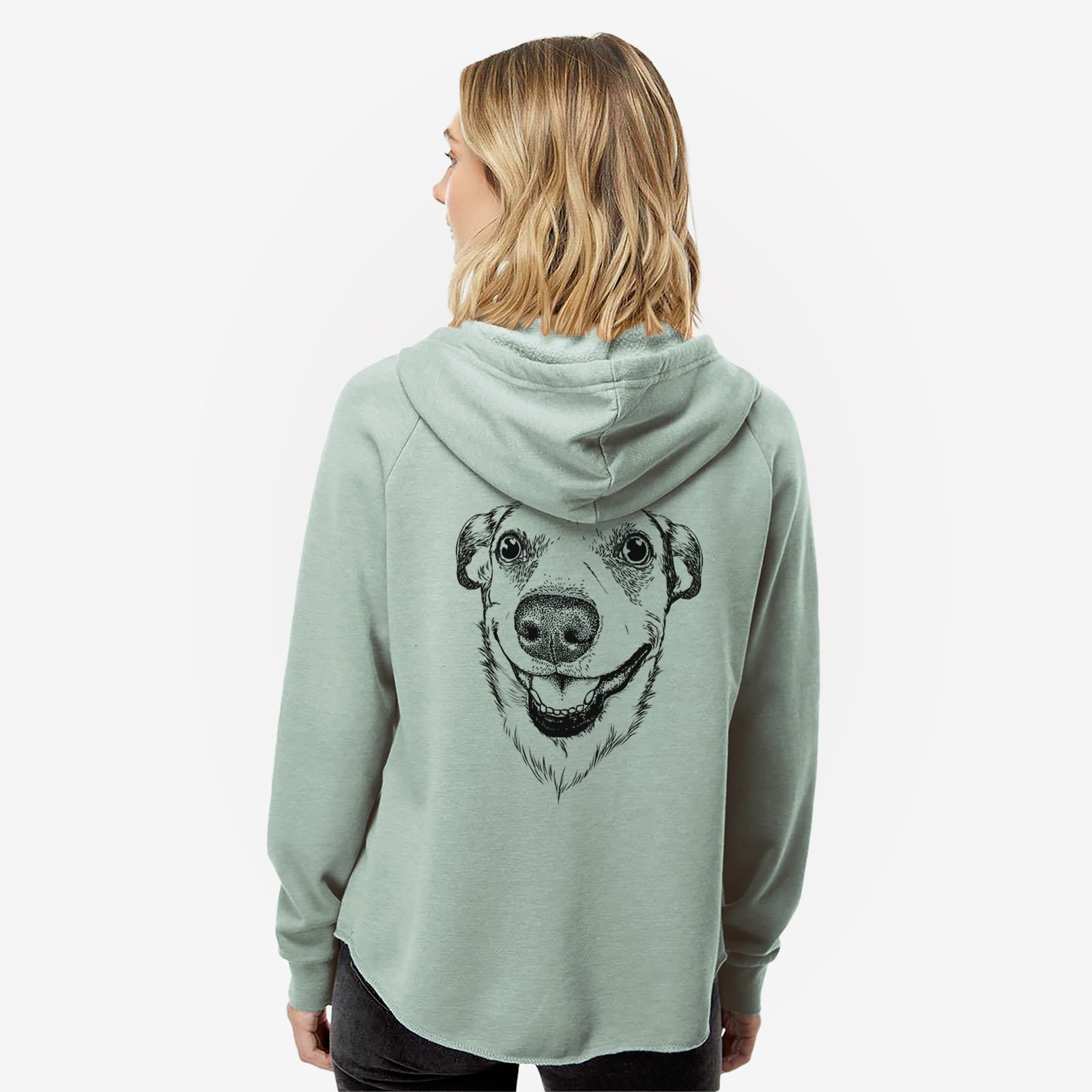 Hand-drawn sketch of Petrah the Staffy Mix on a Sage Women's cali wave zip-up sweatshirt
