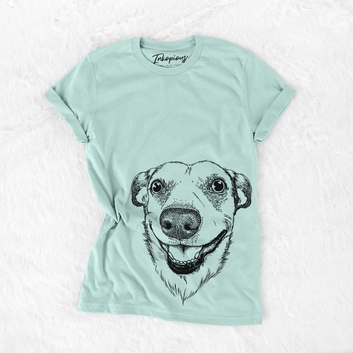 Hand-drawn sketch of Petrah the Staffy Mix on a Heather Sage Bella Canvas Unisex Crewneck