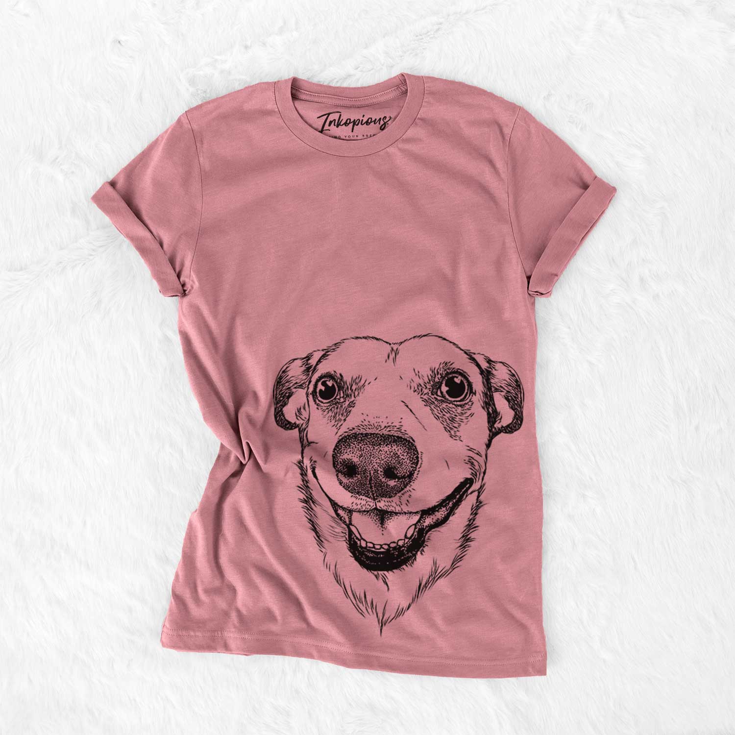 Hand-drawn sketch of Petrah the Staffy Mix on a Mauve Bella Canvas Unisex Crewneck