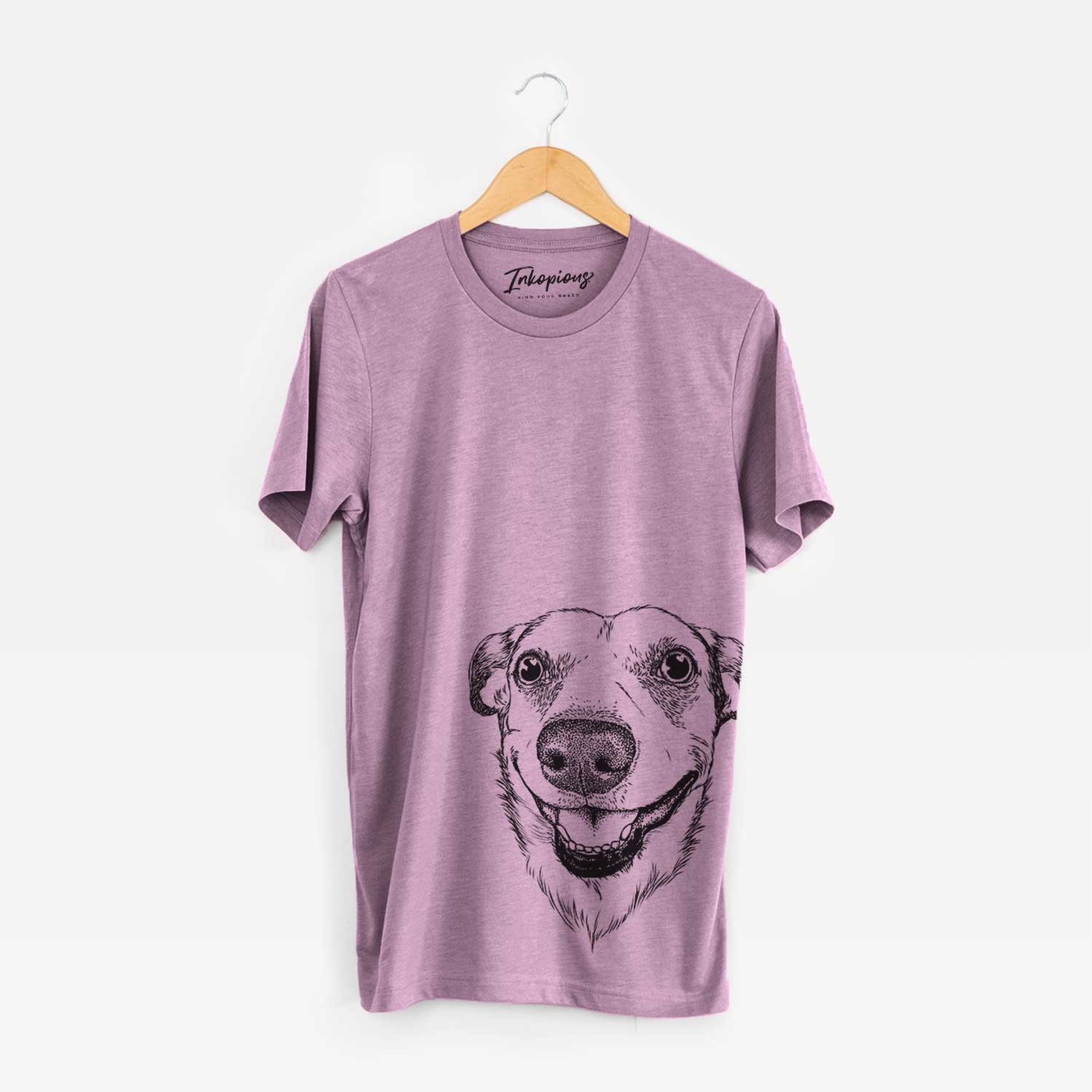 Hand-drawn sketch of Petrah the Staffy Mix on an Orchid Bella Canvas Unisex Crewneck