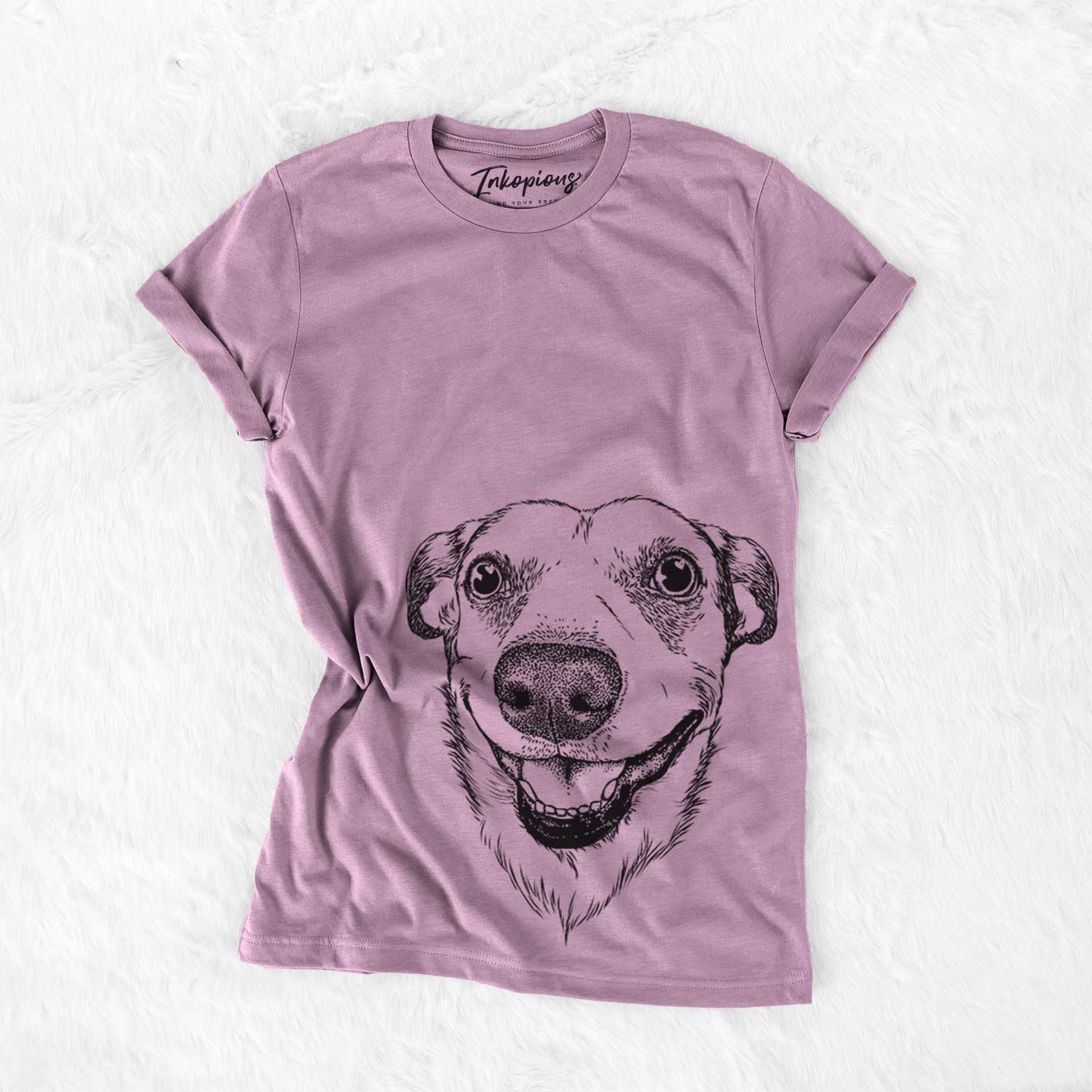 Hand-drawn sketch of Petrah the Staffy Mix on an Orchid Bella Canvas Unisex Crewneck