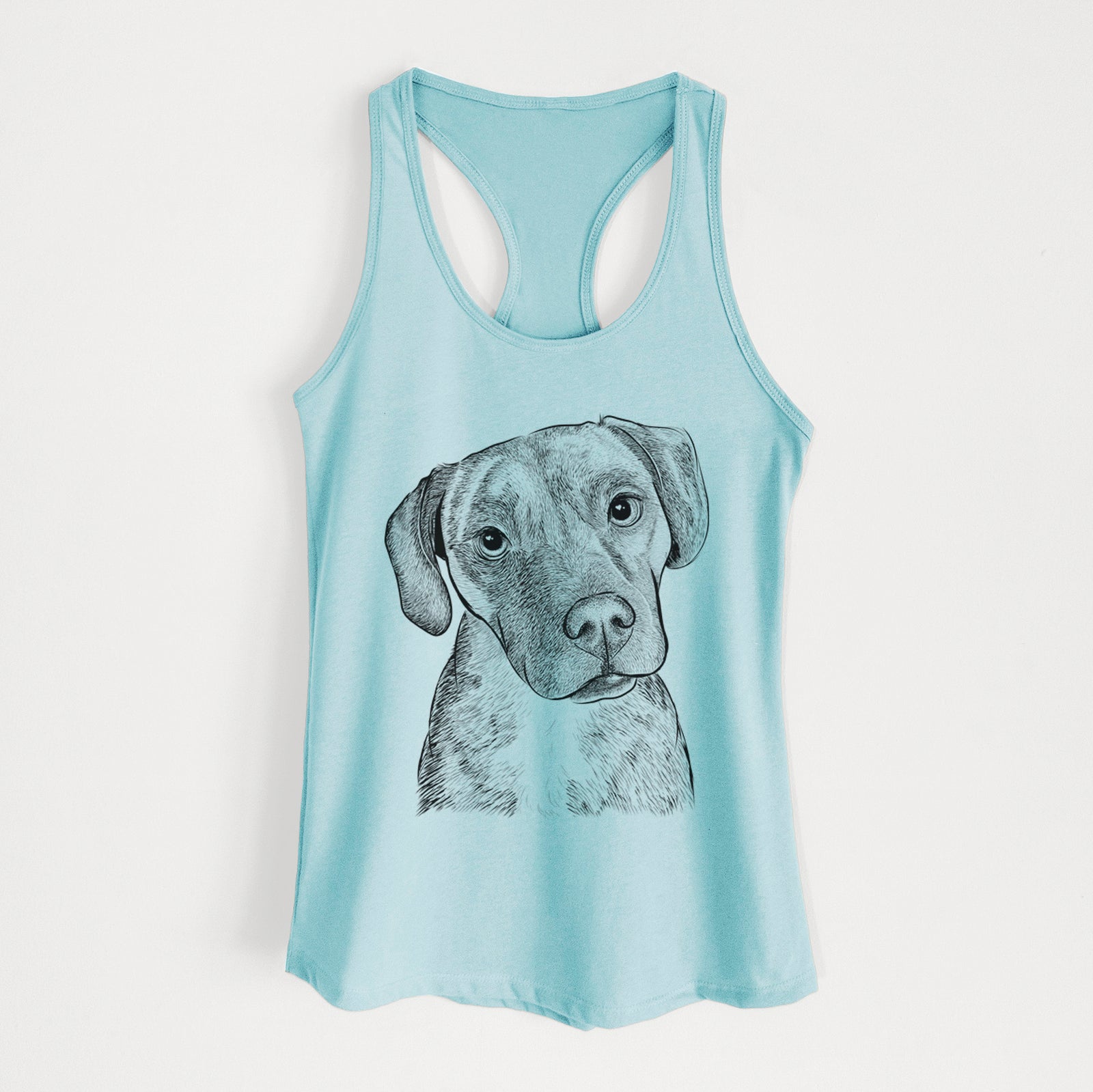 Hand-drawn sketch of Peyton Manning the Beagle Bulldog Mix on a Cancun Blue Women's racerback tanktop