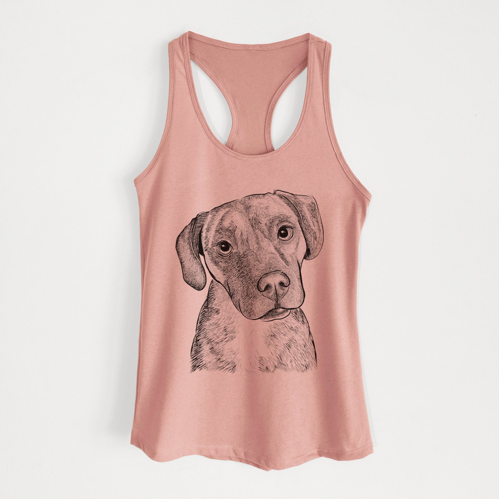 Hand-drawn sketch of Peyton Manning the Beagle Bulldog Mix on a Desert Pink Women's racerback tanktop