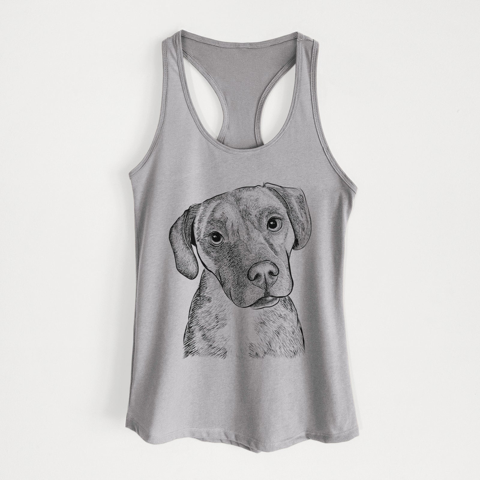 Hand-drawn sketch of Peyton Manning the Beagle Bulldog Mix on a Heather Grey Women's racerback tanktop