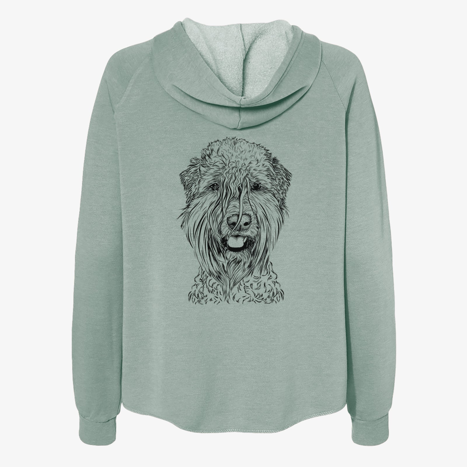 Hand-drawn sketch of Pierre the Soft Coated Wheaten Terrier on a Sage Women's cali wave zip-up sweatshirt