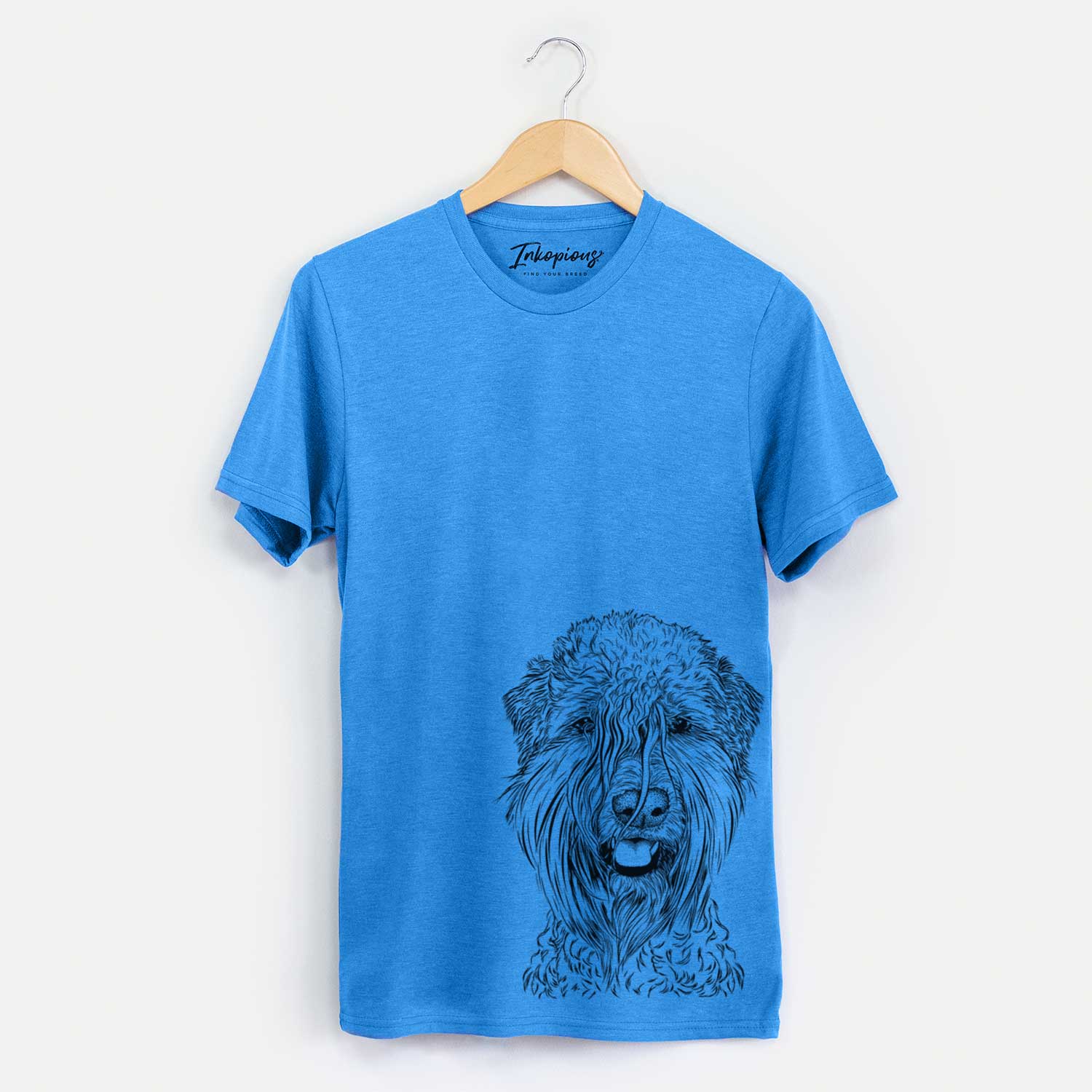 Hand-drawn sketch of Pierre the Soft Coated Wheaten Terrier on a Blue Unisex crewneck