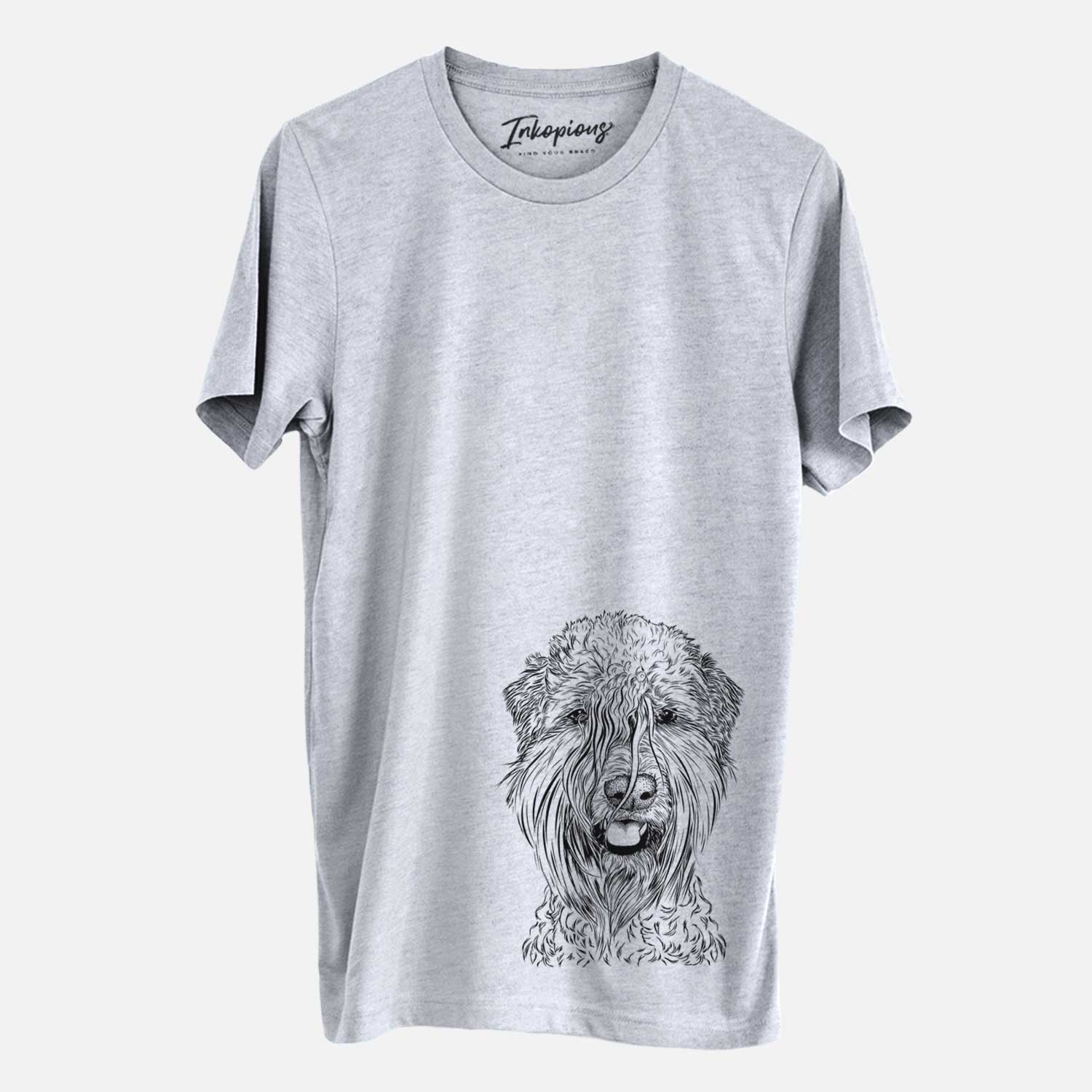 Hand-drawn sketch of Pierre the Soft Coated Wheaten Terrier on a Grey Unisex crewneck