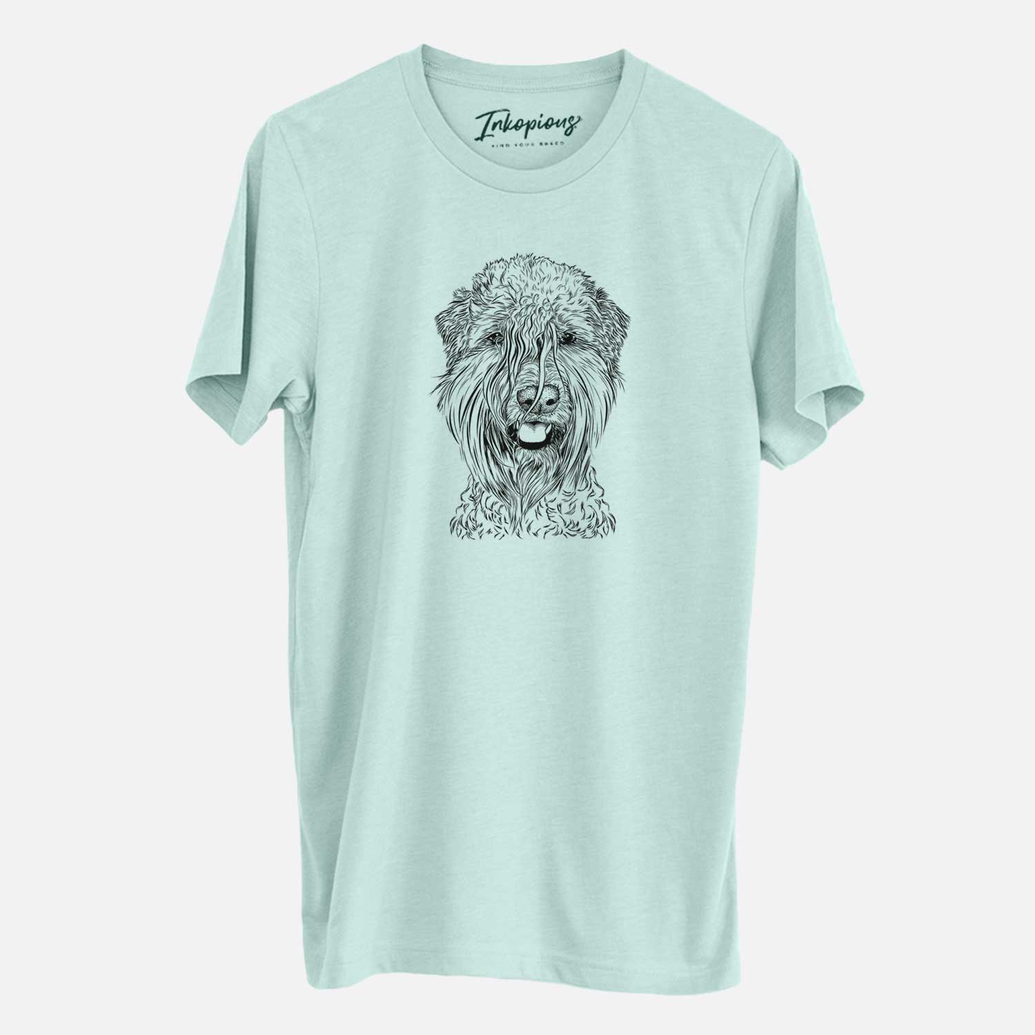 Hand-drawn sketch of Pierre the Soft Coated Wheaten Terrier on a Heather Sage Unisex crewneck