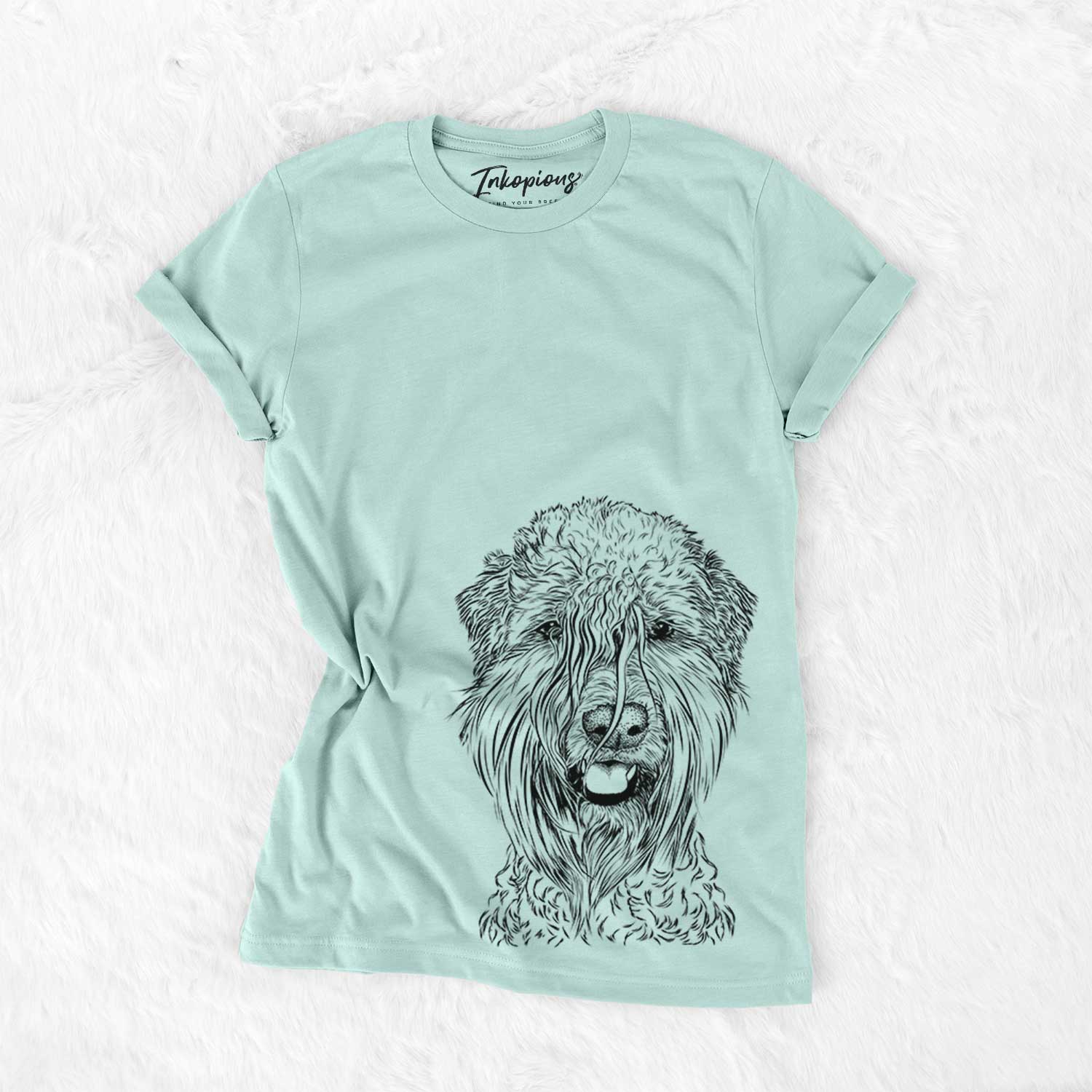 Hand-drawn sketch of Pierre the Soft Coated Wheaten Terrier on a Heather Sage Bella Canvas Unisex Crewneck