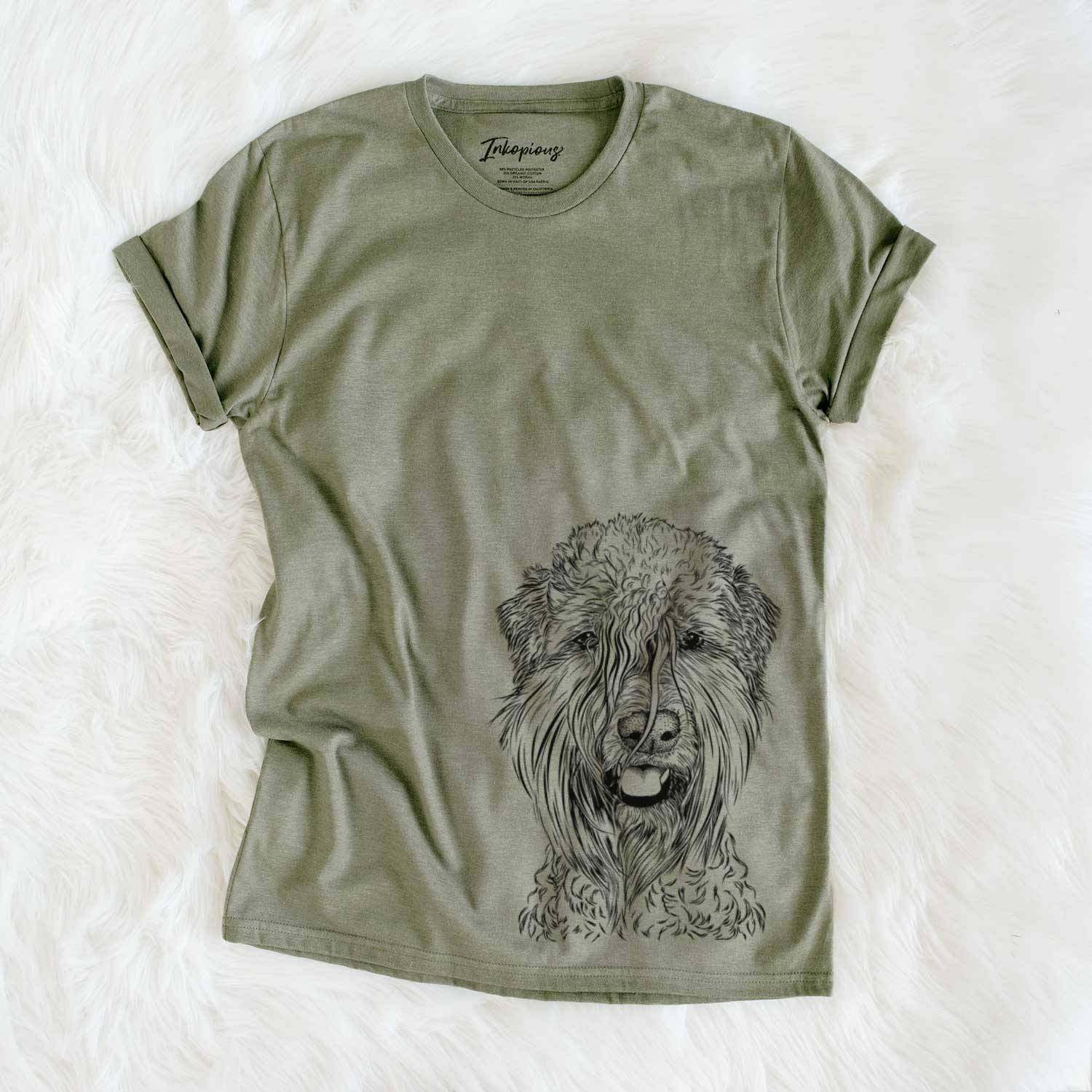 Hand-drawn sketch of Pierre the Soft Coated Wheaten Terrier on an Olive Unisex crewneck