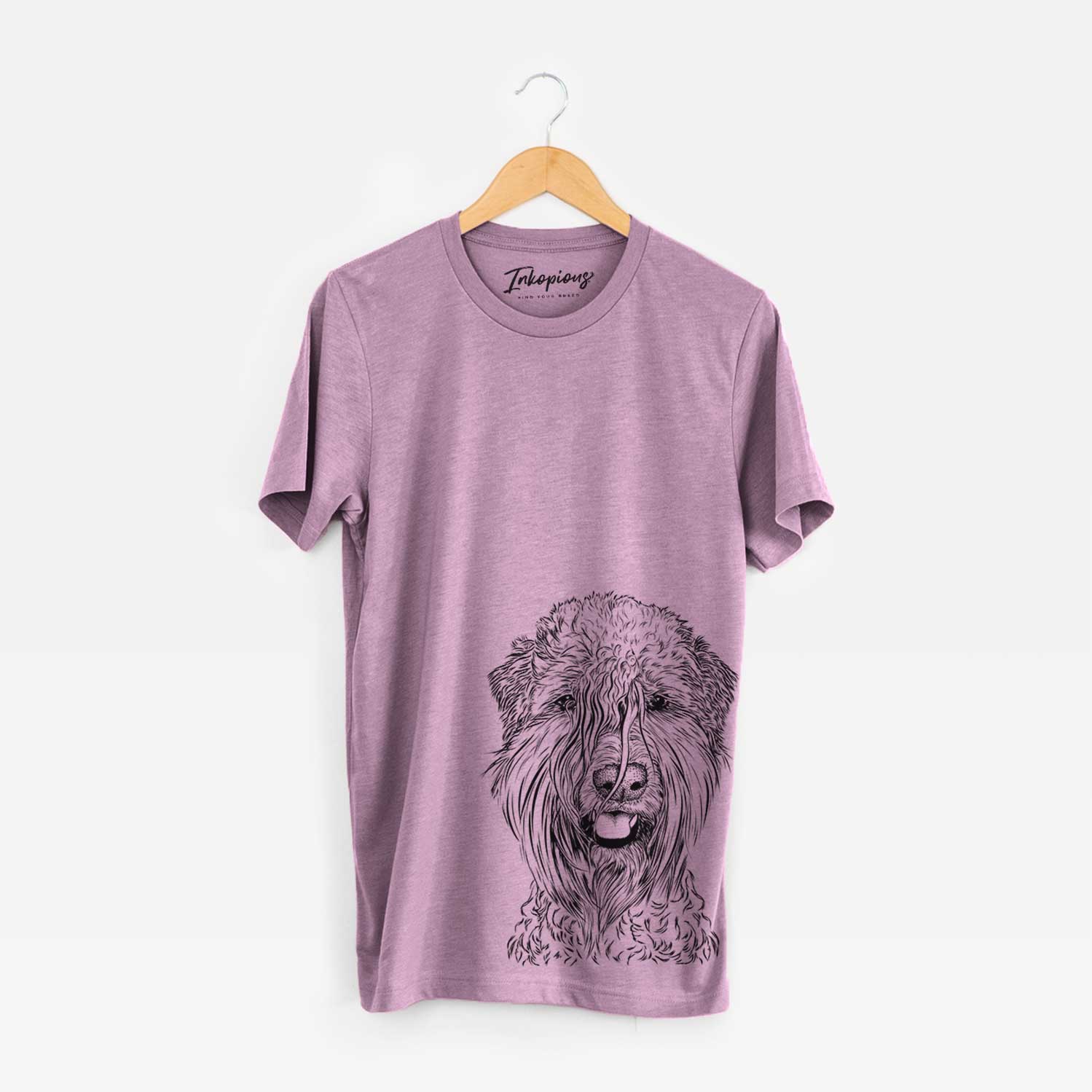 Hand-drawn sketch of Pierre the Soft Coated Wheaten Terrier on an Orchid Bella Canvas Unisex Crewneck
