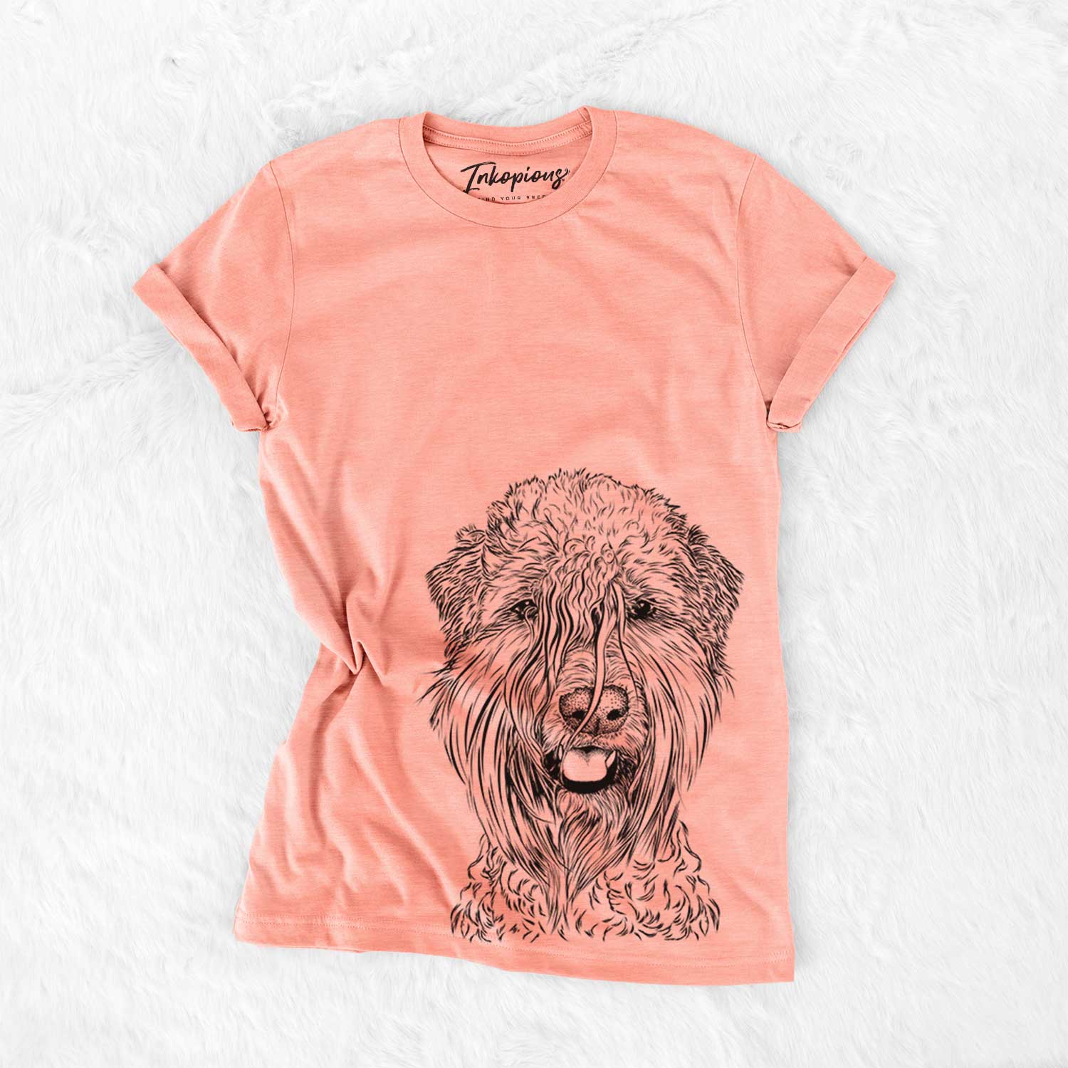 Hand-drawn sketch of Pierre the Soft Coated Wheaten Terrier on a Sunset Bella Canvas Unisex Crewneck