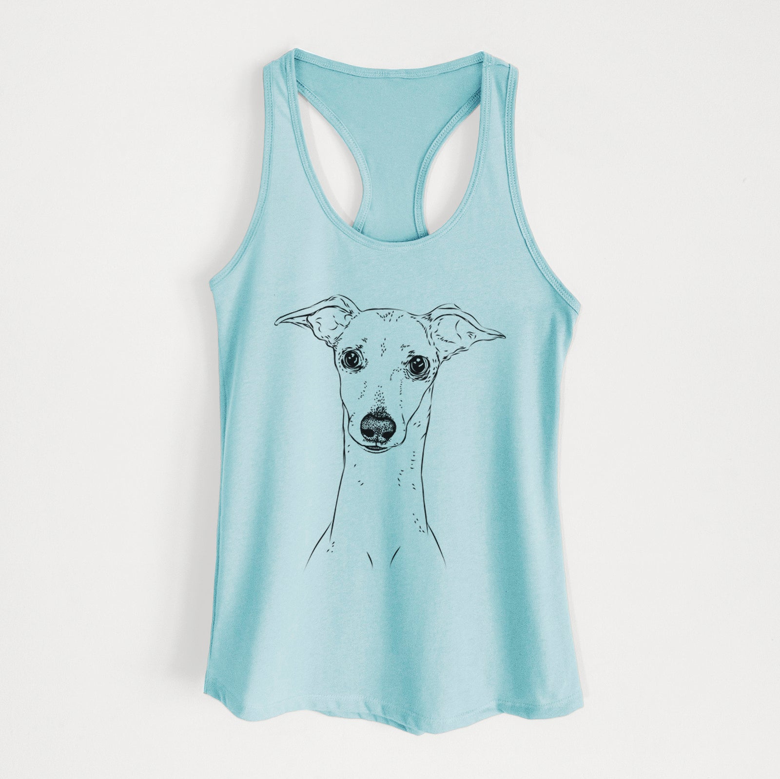 Hand-drawn sketch of Pip the Italian Greyhound on a Cancun Blue Women's racerback tanktop