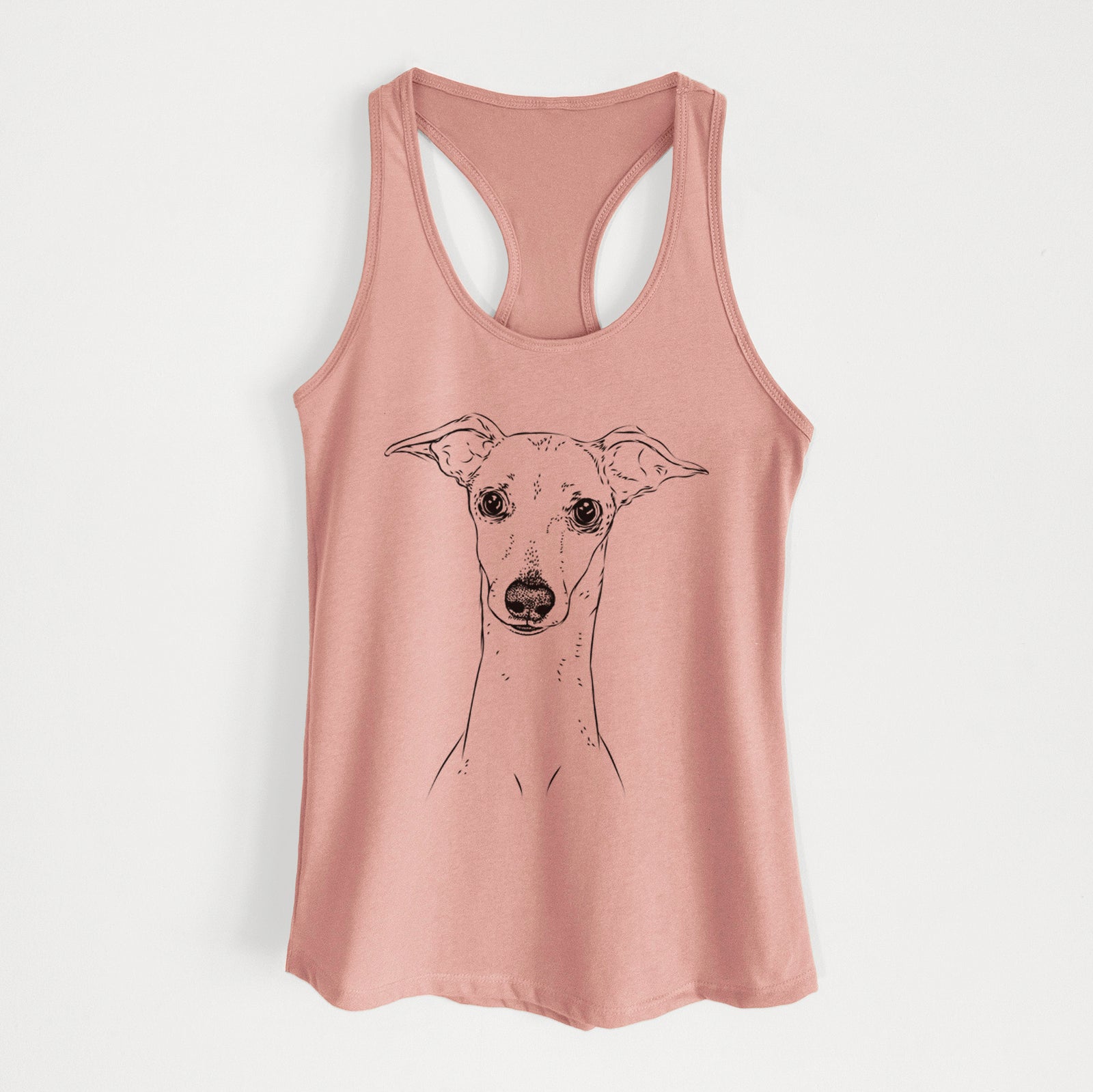 Hand-drawn sketch of Pip the Italian Greyhound on a Desert Pink Women's racerback tanktop
