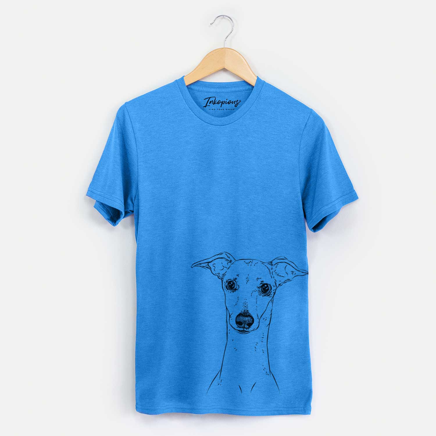 Hand-drawn sketch of Pip the Italian Greyhound on a Blue Unisex crewneck