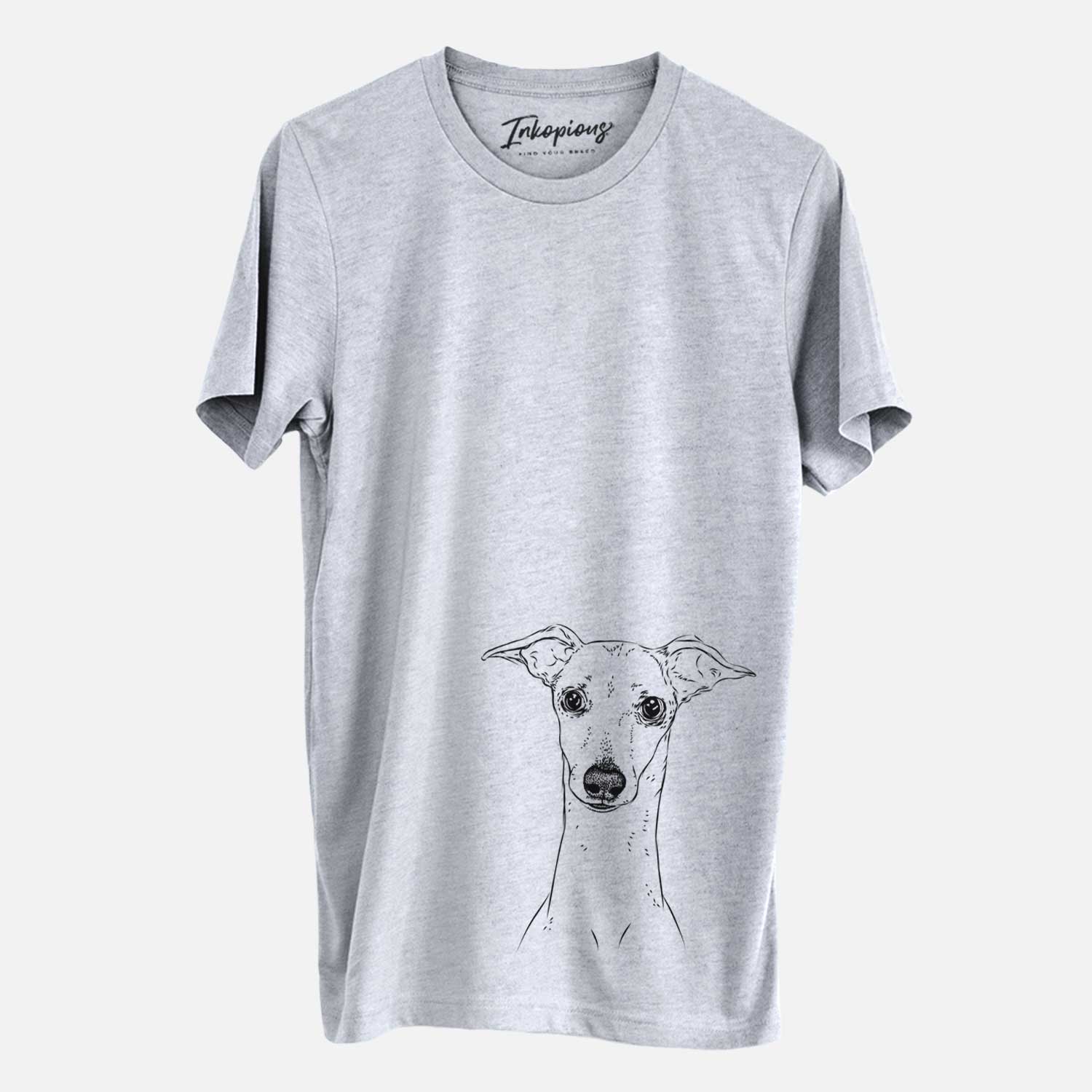 Hand-drawn sketch of Pip the Italian Greyhound on an Unisex crewneck