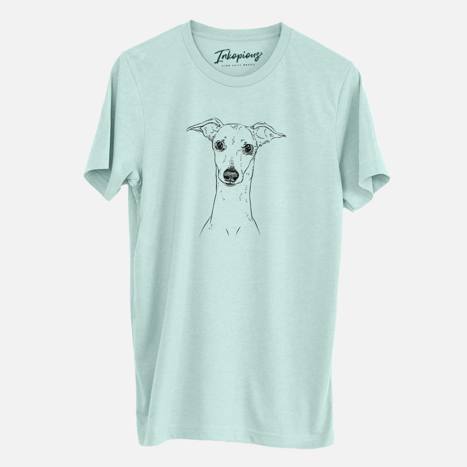 Hand-drawn sketch of Pip the Italian Greyhound on a Heather Sage Unisex crewneck