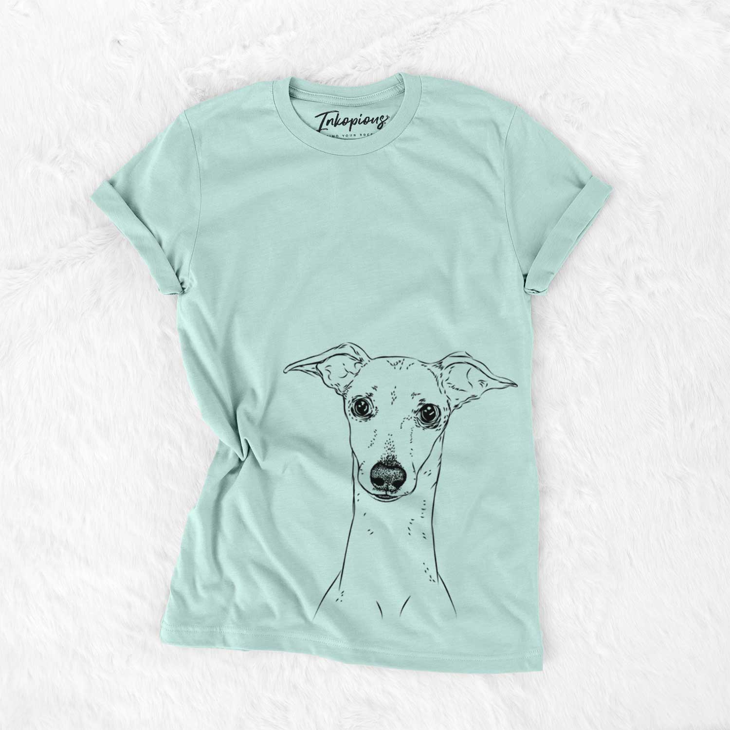 Hand-drawn sketch of Pip the Italian Greyhound on a Heather Sage Unisex crewneck