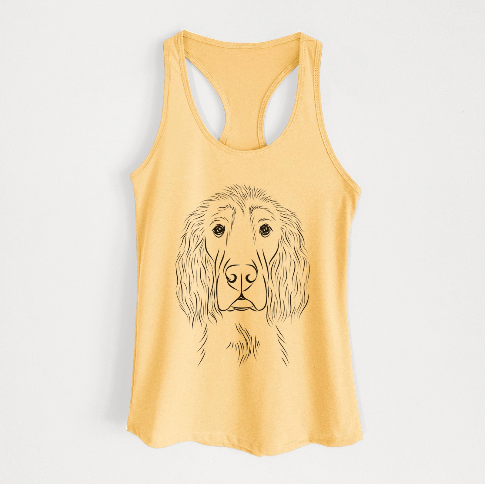 Hand-drawn sketch of Piper the Irish Setter on a Banana Cream Women's racerback tanktop