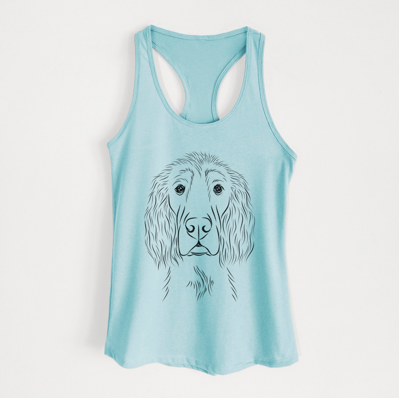 Hand-drawn sketch of Piper the Irish Setter on a Cancun Blue Women's racerback tanktop