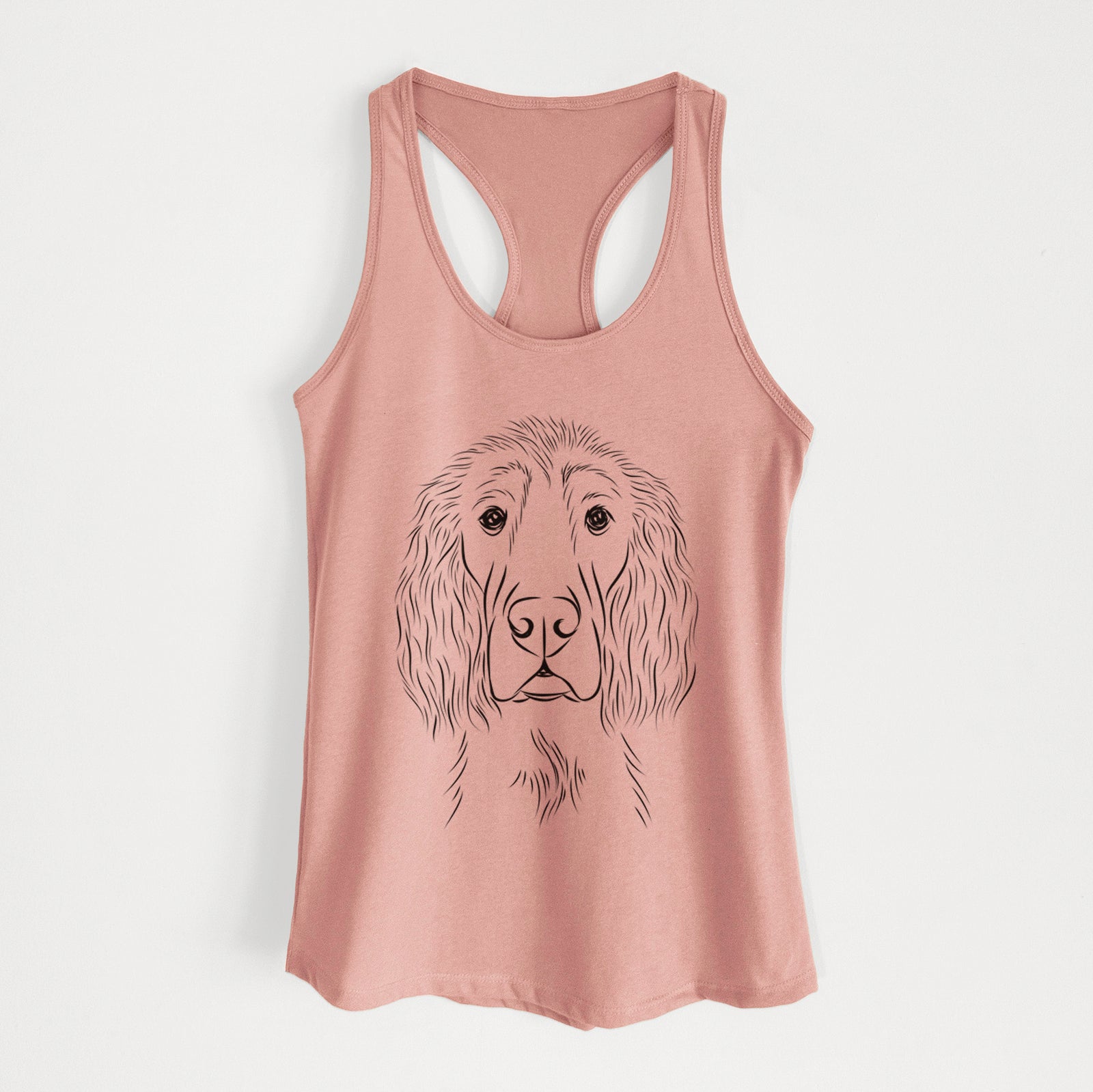 Hand-drawn sketch of Piper the Irish Setter on a Desert Pink Women's racerback tanktop