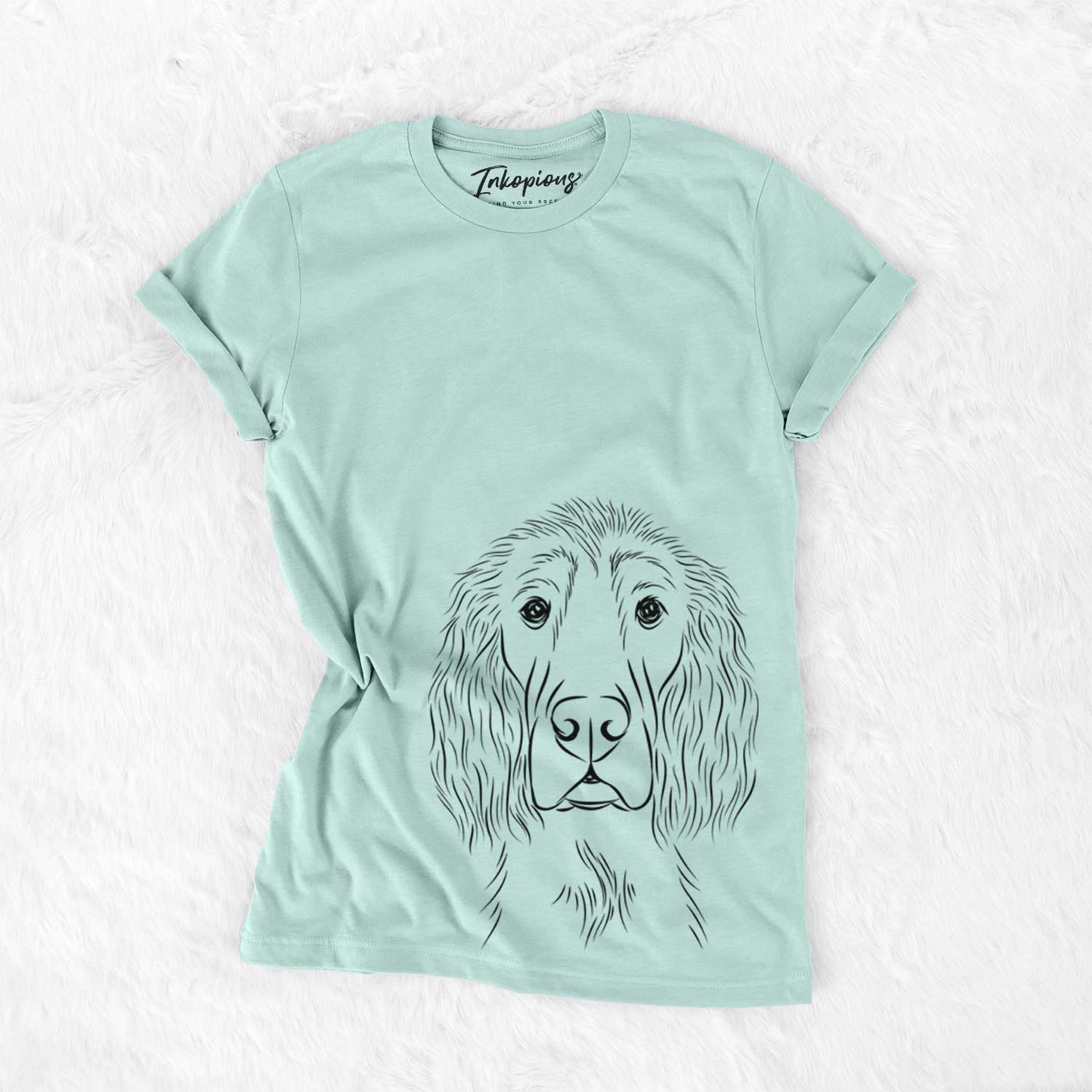 Hand-drawn sketch of Piper the Irish Setter on a Heather Sage Unisex crewneck