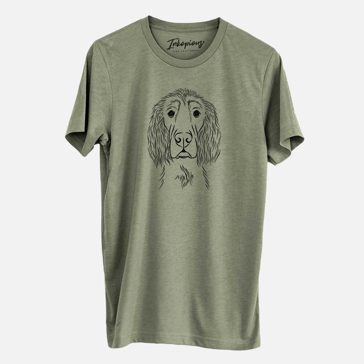 Hand-drawn sketch of Piper the Irish Setter on an Olive Unisex crewneck