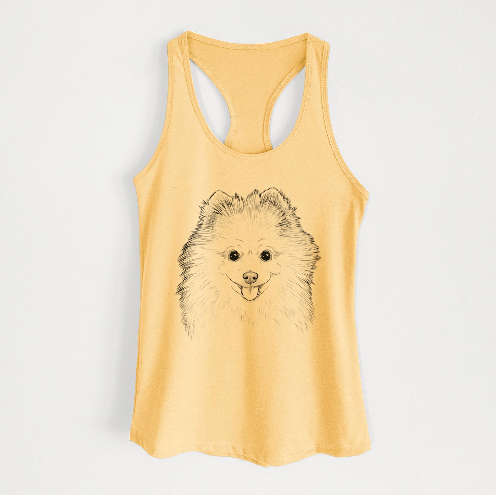 Hand-drawn sketch of Piper Jo the Pomeranian on a Banana Cream Women's racerback tanktop