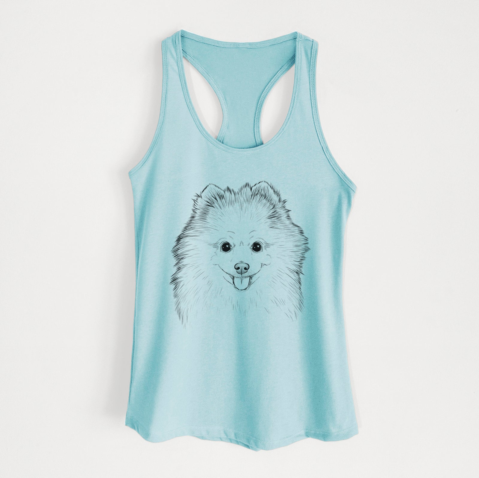 Hand-drawn sketch of Piper Jo the Pomeranian on a Cancun Blue Women's racerback tanktop