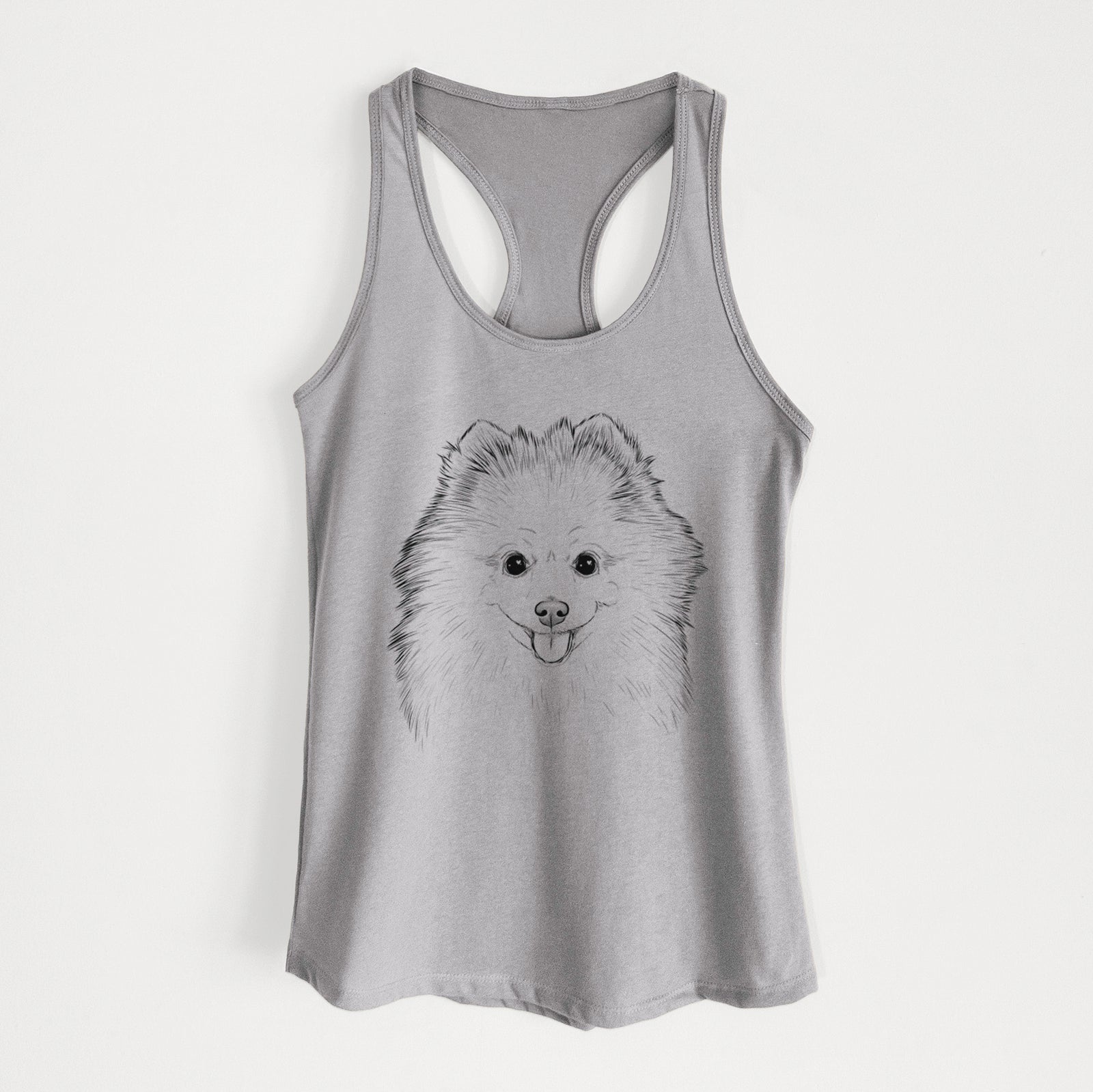 Hand-drawn sketch of Piper Jo the Pomeranian on a Heather Grey Women's racerback tanktop