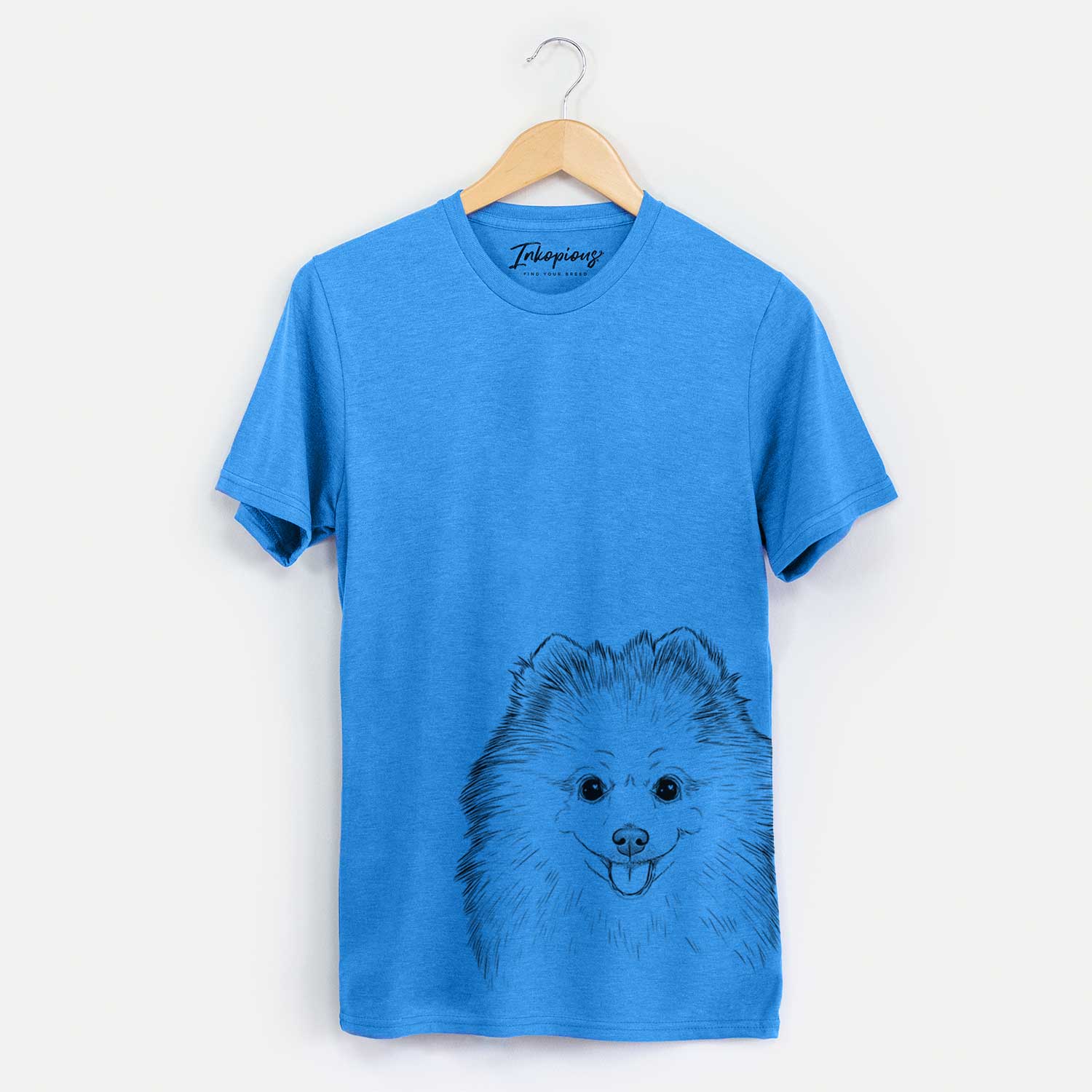 Hand-drawn sketch of Piper Jo the Pomeranian on a Blue Unisex crewneck