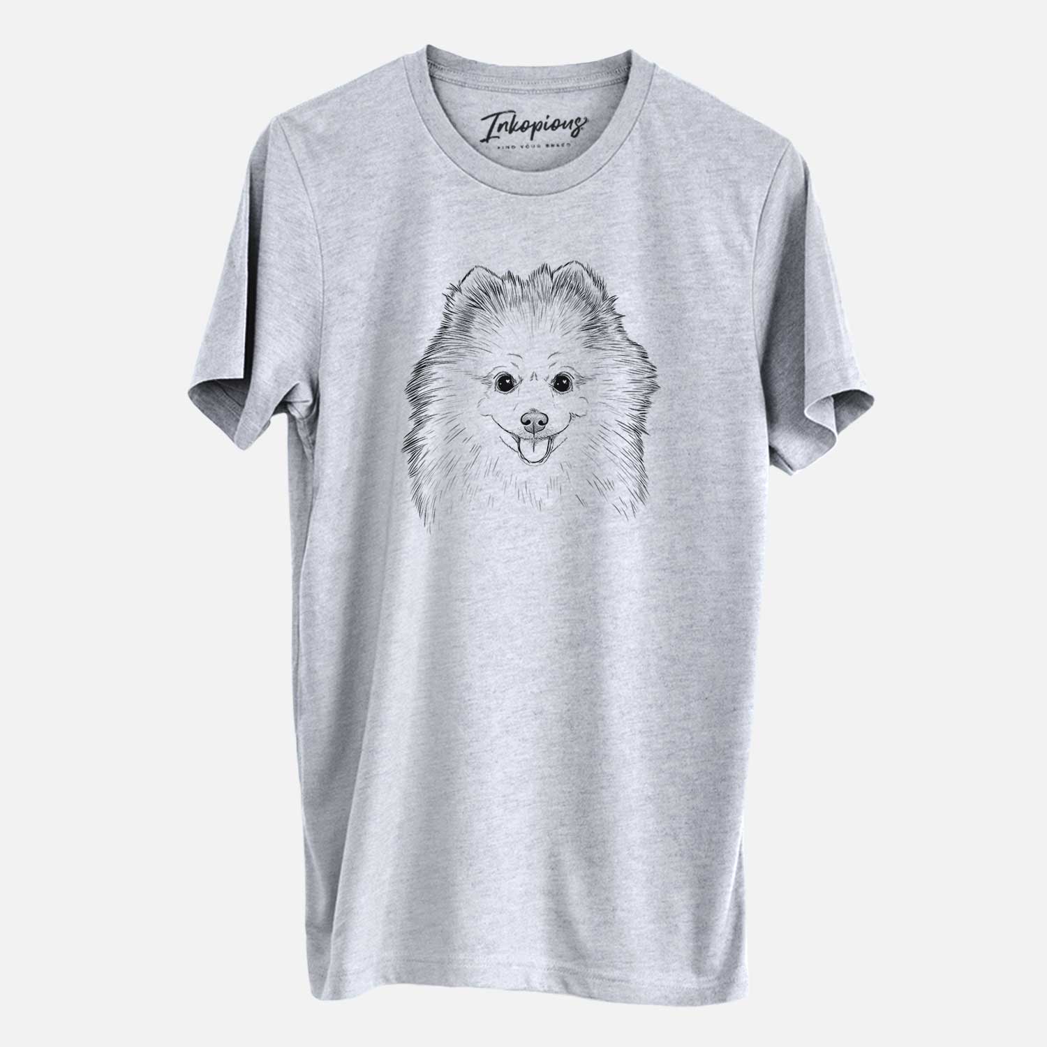 Hand-drawn sketch of Piper Jo the Pomeranian on a Grey Unisex crewneck