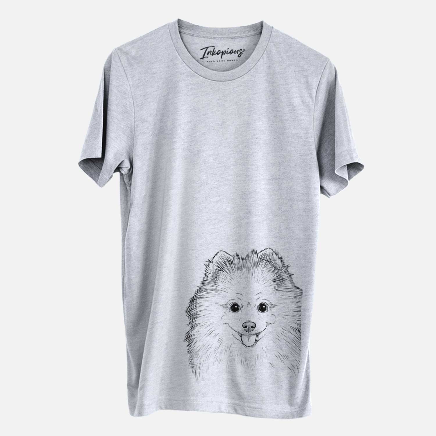 Hand-drawn sketch of Piper Jo the Pomeranian on a Grey Unisex crewneck