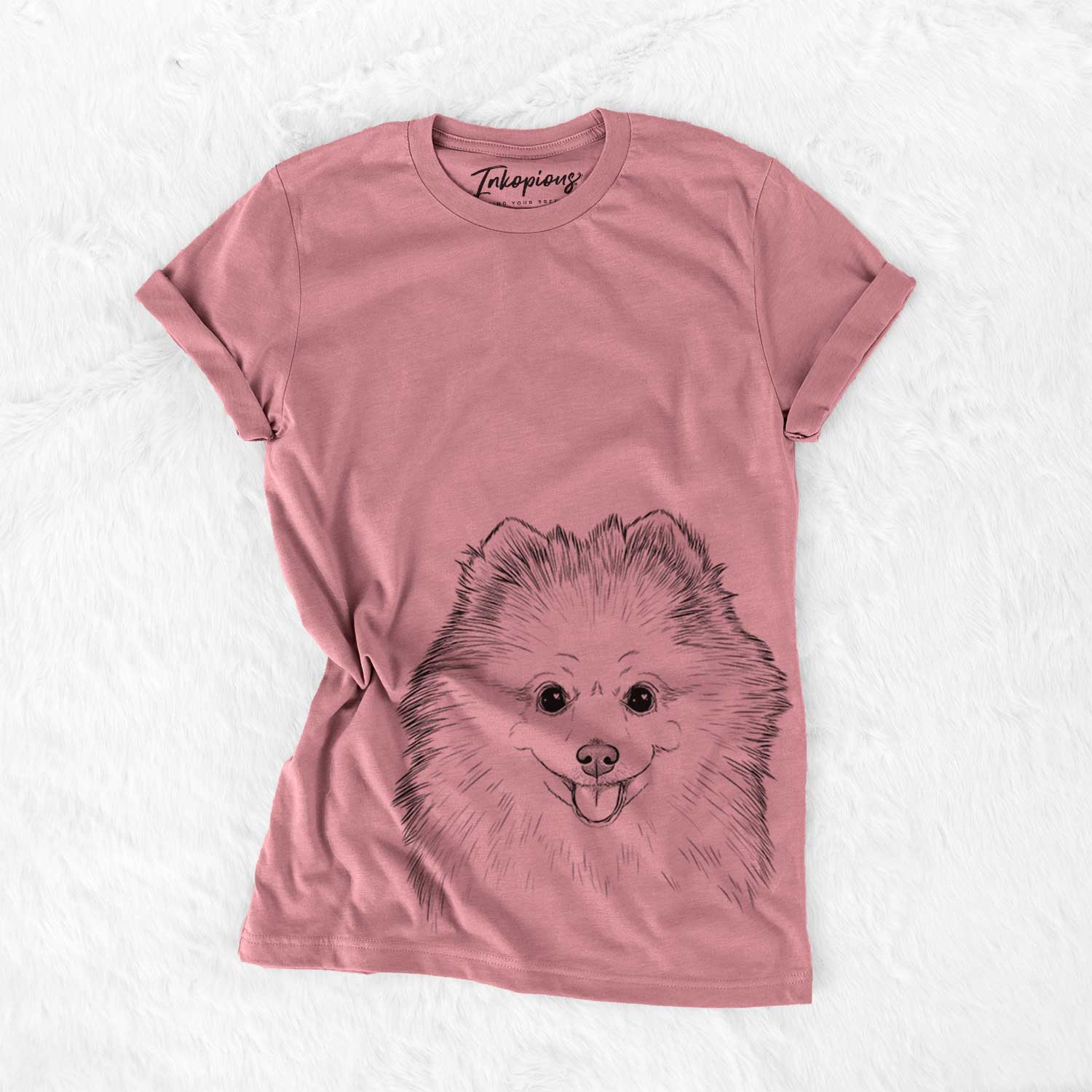 Hand-drawn sketch of Piper Jo the Pomeranian on a Mauve Unisex crewneck