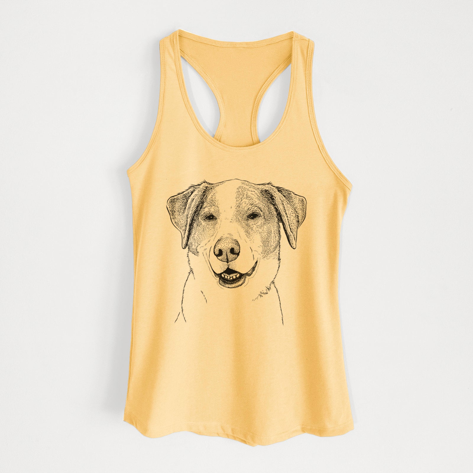 Hand-drawn sketch of Piper Pilot the Hound Mix on a Banana Cream Women's racerback tanktop