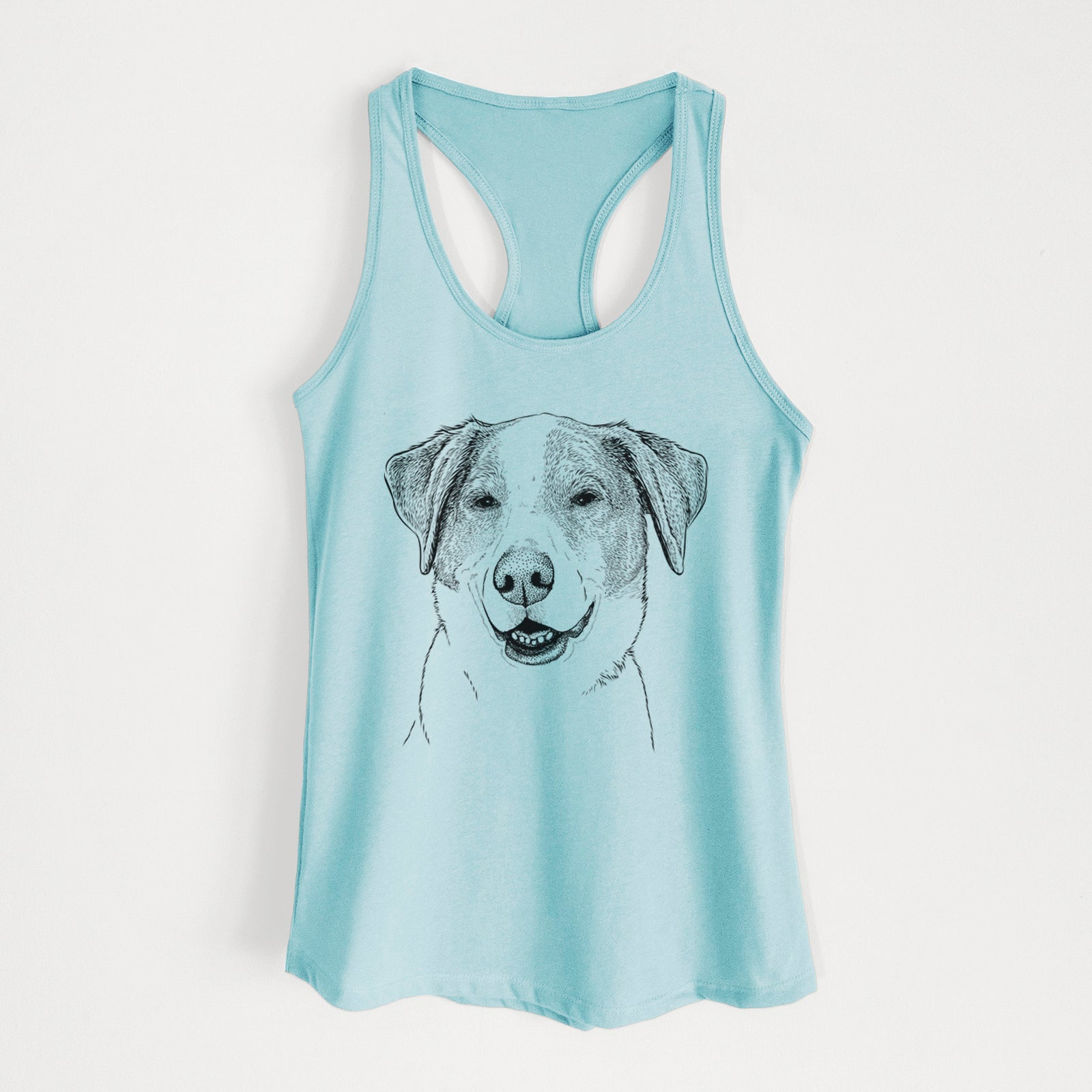 Hand-drawn sketch of Piper Pilot the Hound Mix on a Cancun Blue Women's racerback tanktop