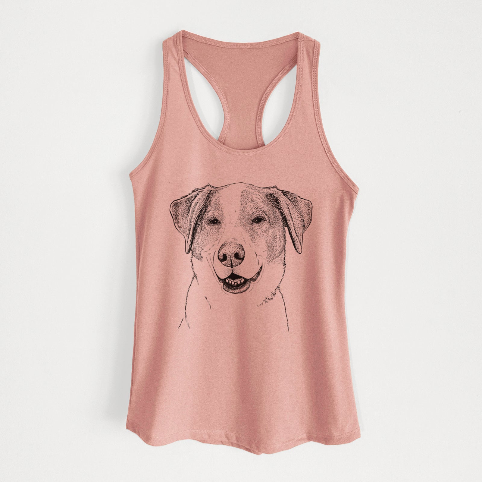 Hand-drawn sketch of Piper Pilot the Hound Mix on a Desert Pink Women's racerback tanktop