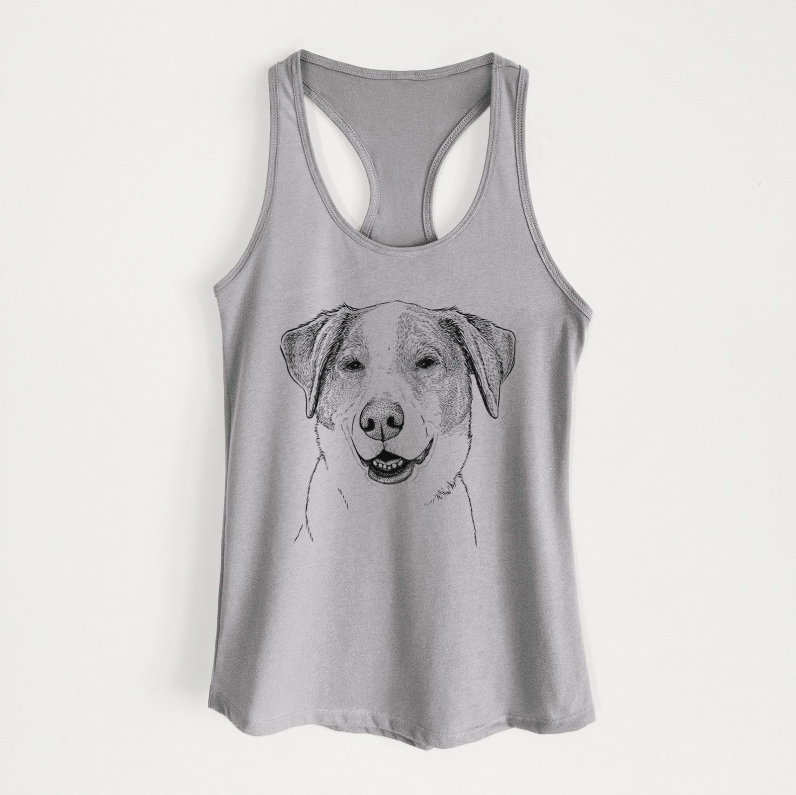 Hand-drawn sketch of Piper Pilot the Hound Mix on a Heather Grey Women's racerback tanktop