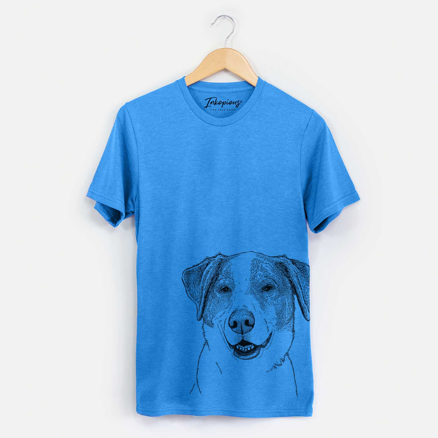Hand-drawn sketch of Piper Pilot the Hound Mix on a Blue Unisex crewneck
