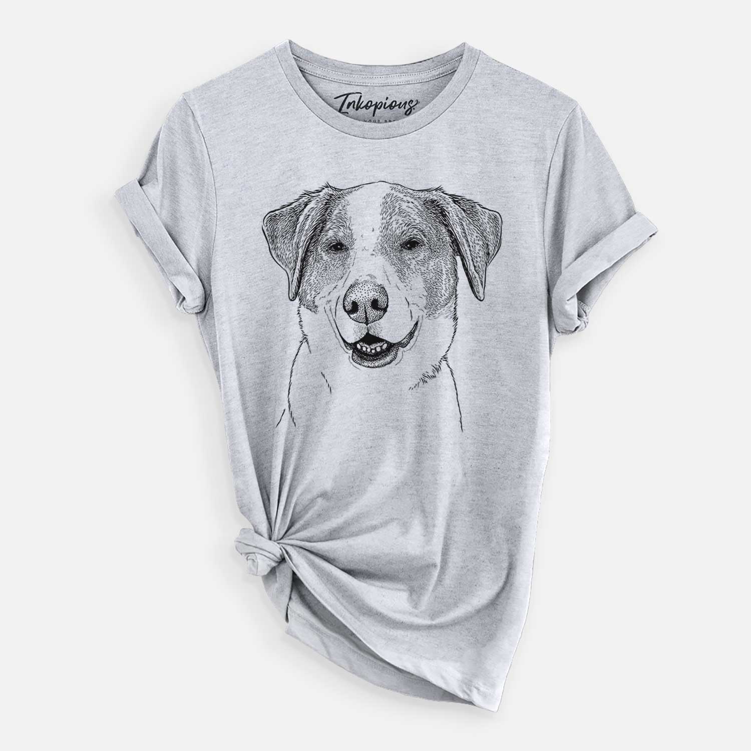 Hand-drawn sketch of Piper Pilot the Hound Mix on a Grey Unisex crewneck